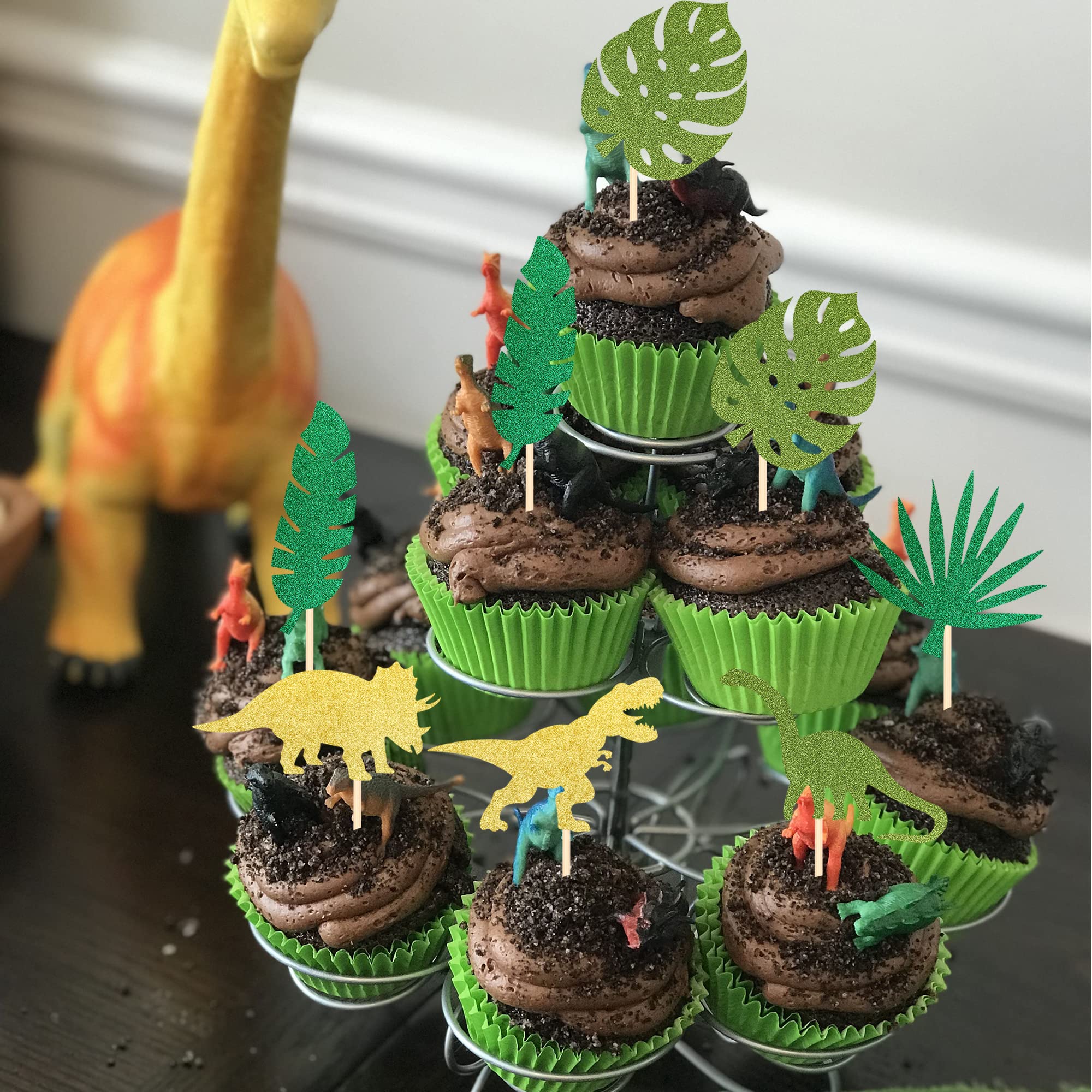 24 Stück Dinosaurier Cupcake-Topper – Glitzernd Mit T-Rex & Palmen, Für Mottopartys