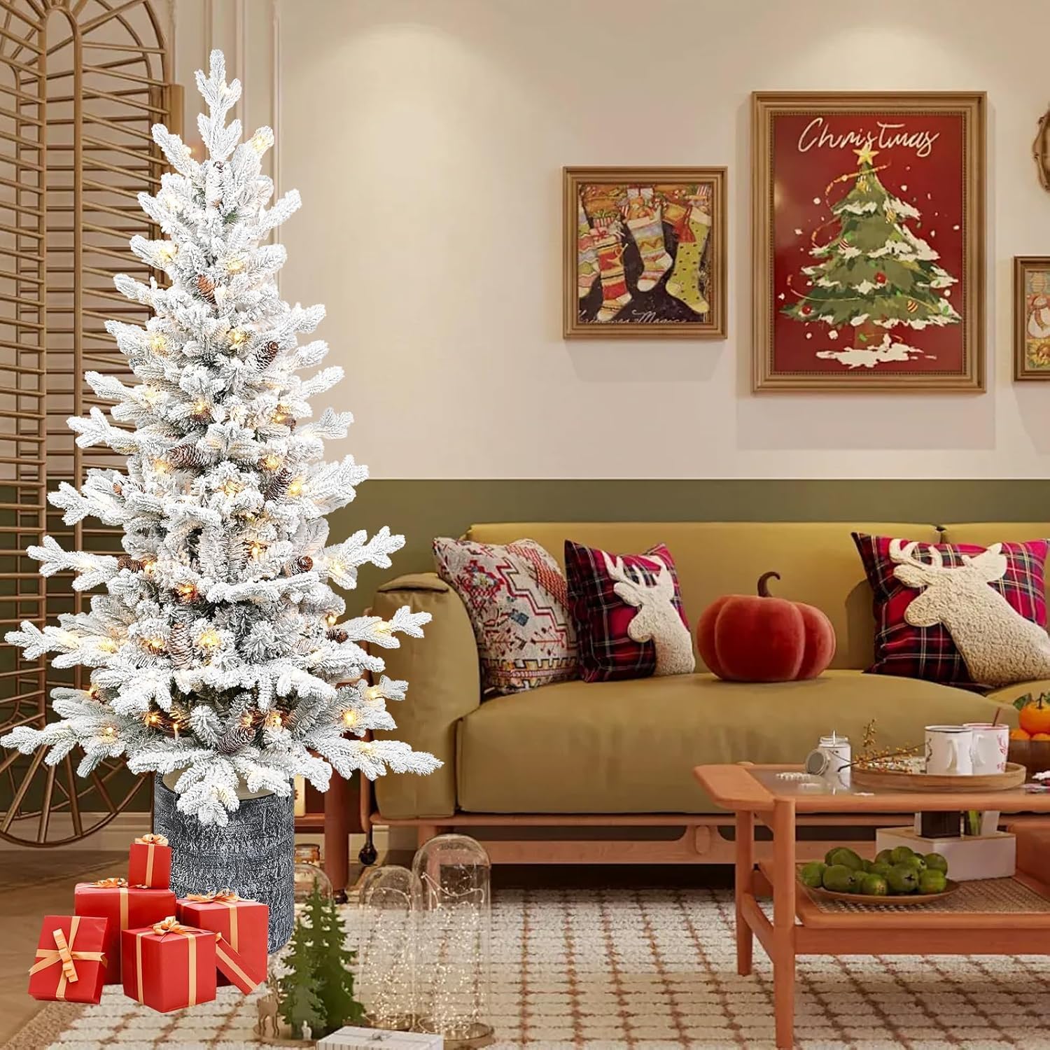 Maylaviu 3FT Potted Flocked Christmas Tree, Snow Frosted Mini Tabletop Artificial Christmas Tree 365 PE & PVC Branch Tips for Front Door, Porch, Indoor and Outdoor