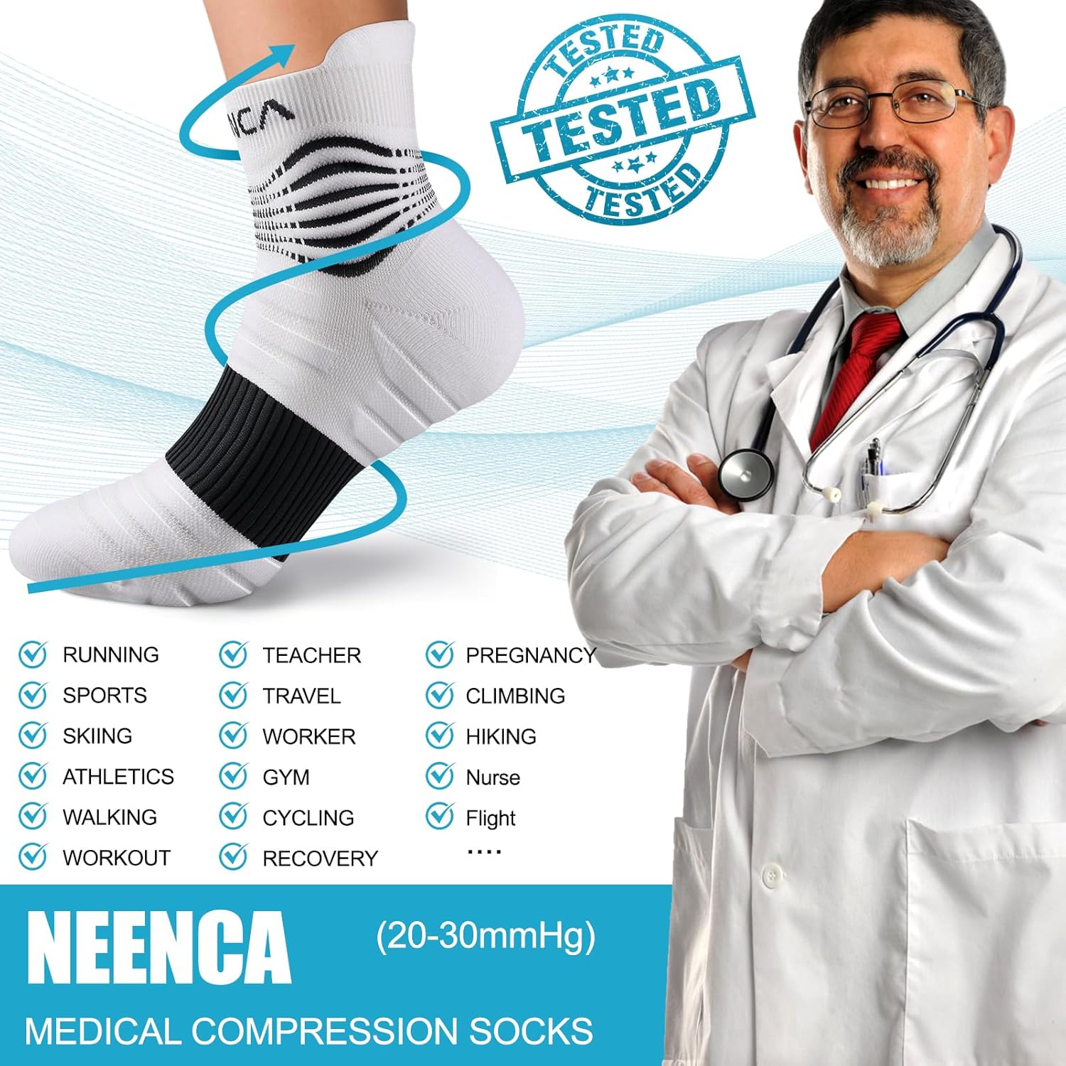 NEENCA Professional Compression Socks, Medical Athletic Ankle Socks for Injury Recovery & Pain Relief, Sports Protection, Circulation —1 Pair, 20-30 mmhg - Image 7