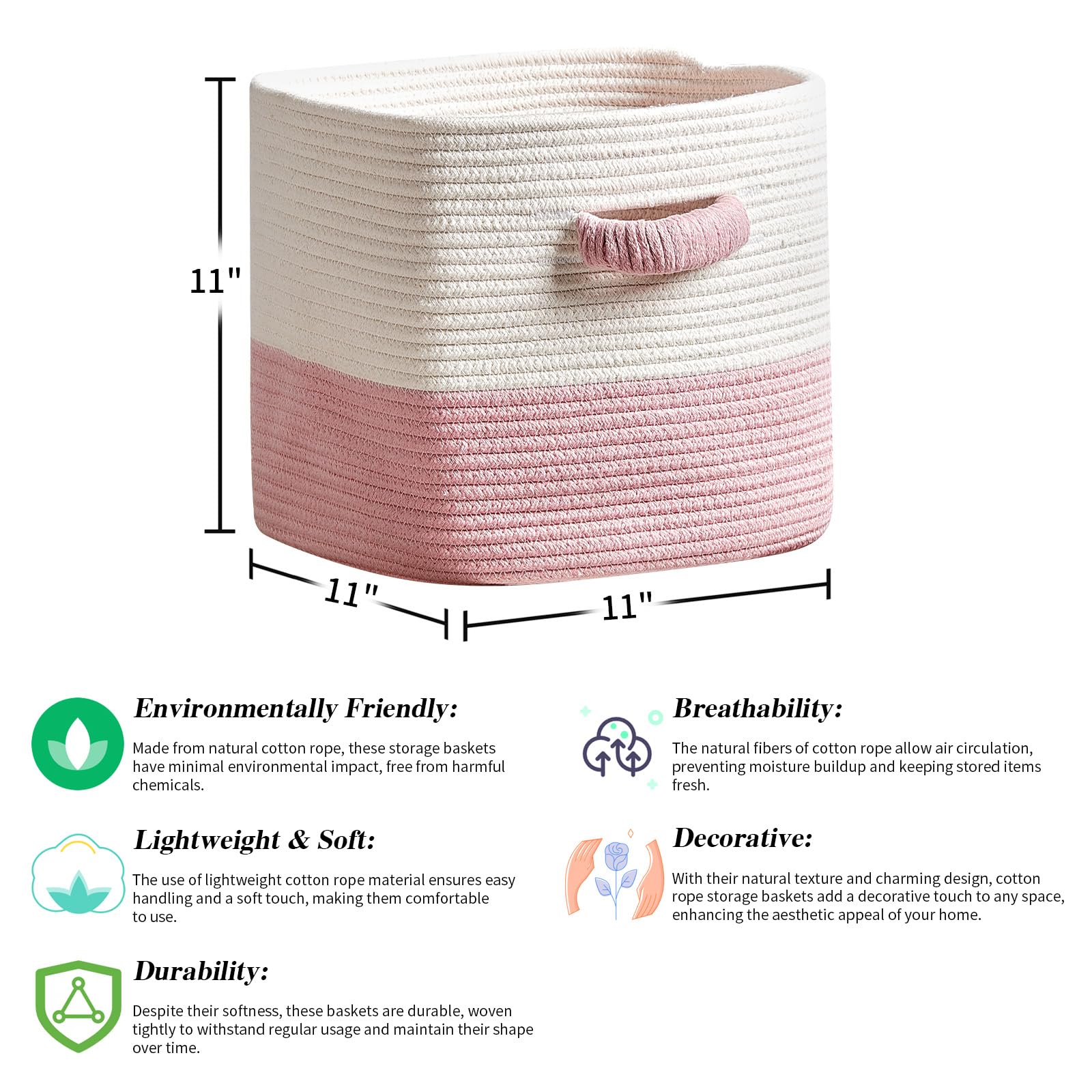 R RUNKA Storage Cube Baskets for Organizing 11 inch-3 Pack- Square Baskets for Cube Storage, Closet Storage Bins - Woven Cube Storage Bins for Shelves- Cube Drawer- Ideal for Toy Storage White & Pink
