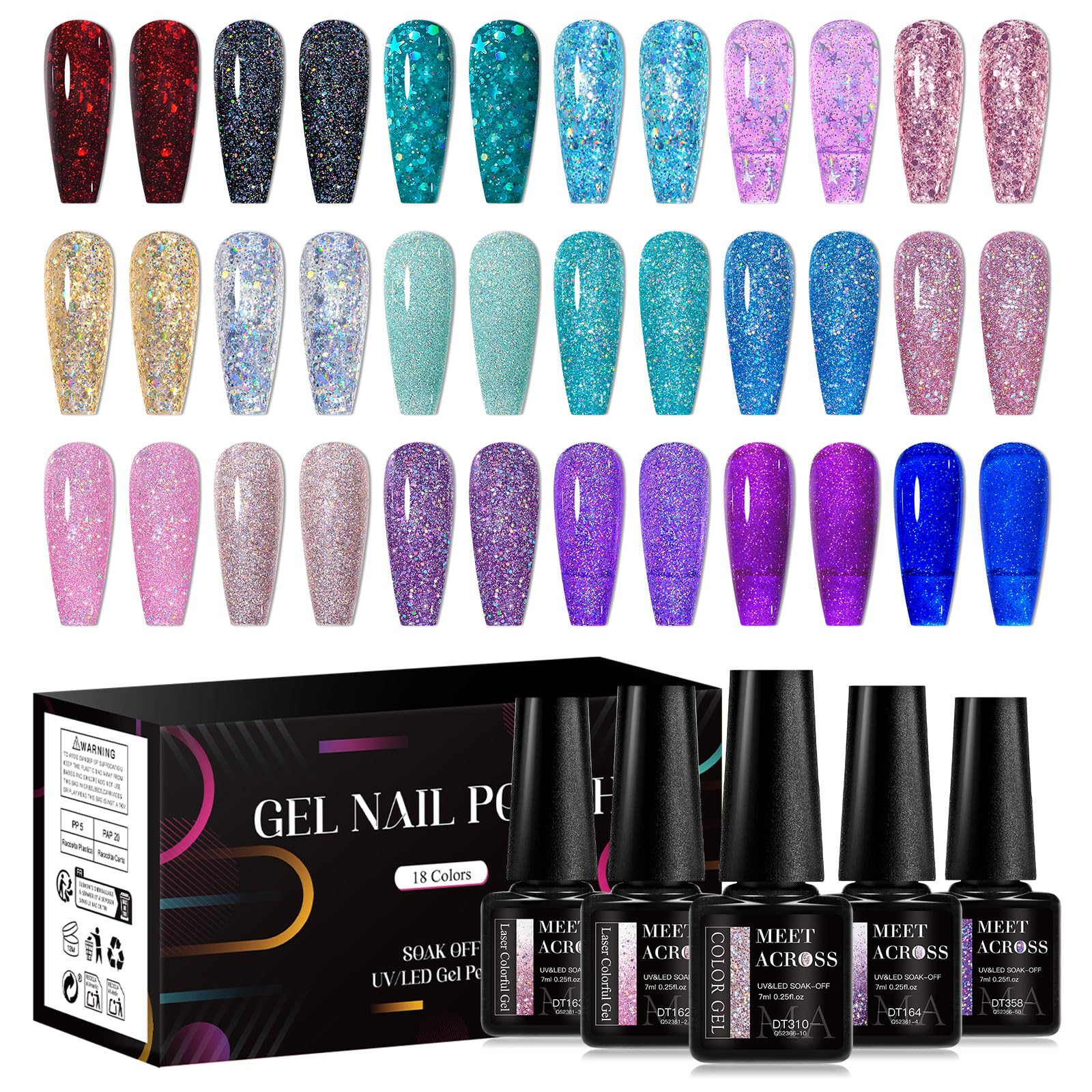 MEET ACROSS 18pcs Gel Nail Polish Set Soak Off UV LED Lamp Gel Nail Polish Kit (SET-6, 18pcs)