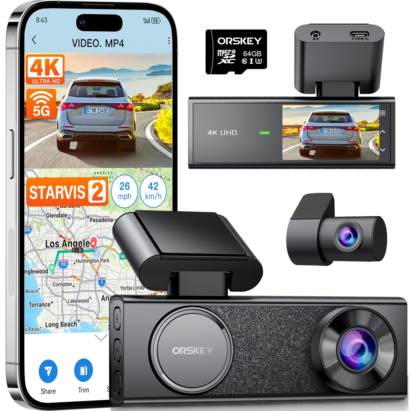 ORSKEY 4K Dash Cam Front and Rear STARVIS 2 Sensor 64GB SD Card Included 4K 2160P FHD Car