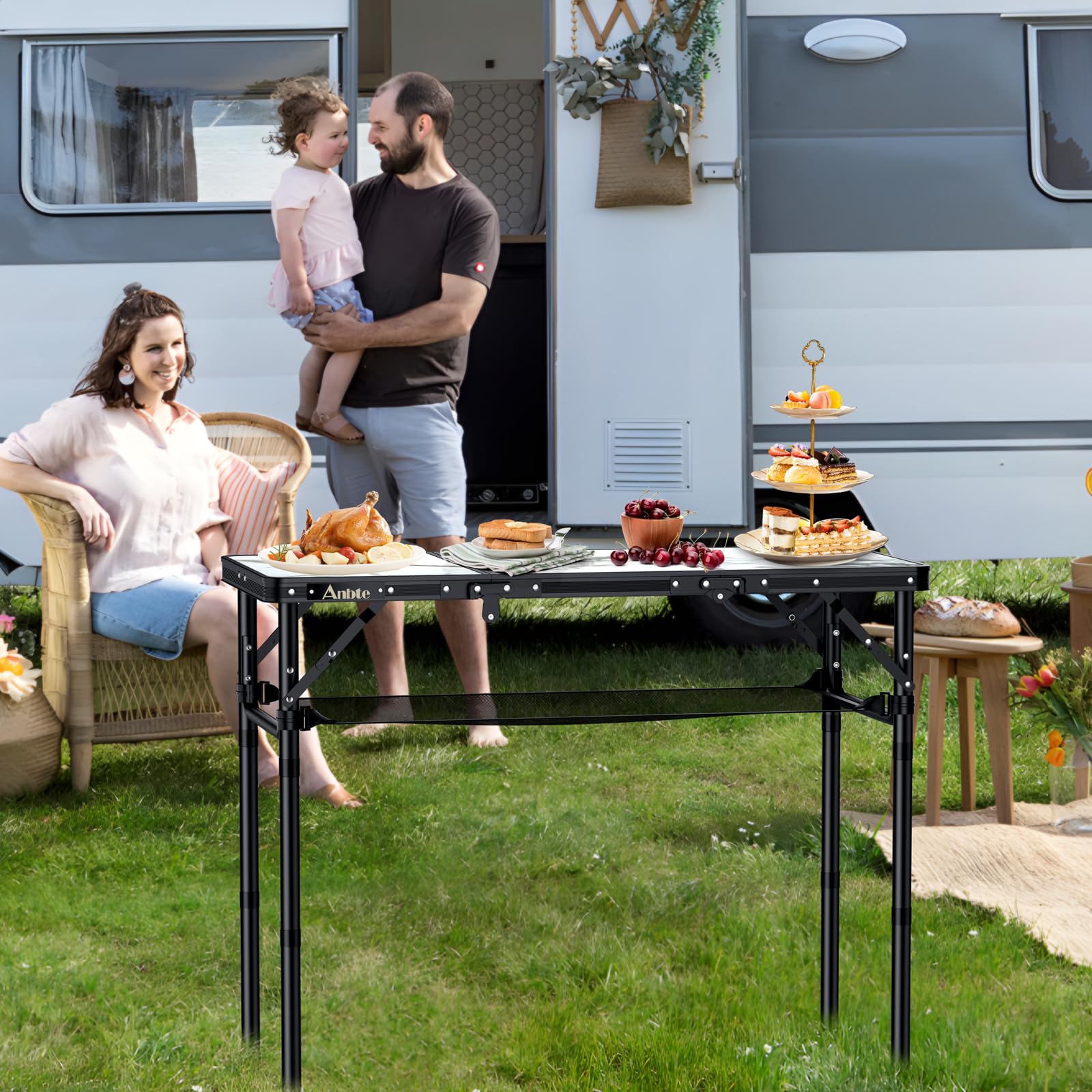 Anbte Tavolo Pieghevole da Giardino Caffè Regolabile 88 * 40 * 70CM Richiudibilecon Tavolino da Campeggio con 3 Altezze Portatile in Alluminio per Picnic/Lavoro/Interno/Truccarsi-Rete di Stoccaggio