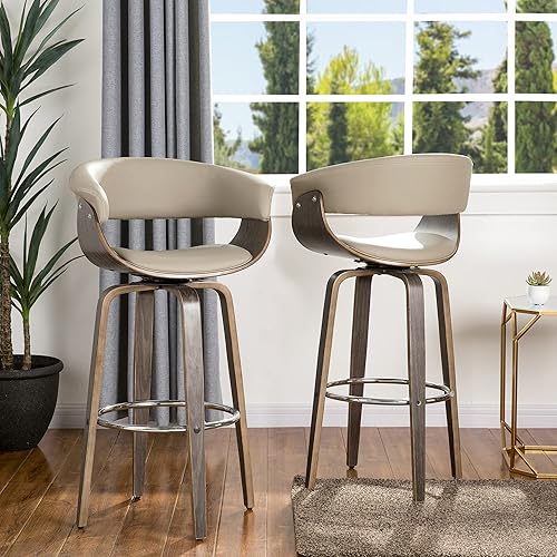Glitzhome 2 Set Swivel Modern Bar Stools, 40" H Mid Century Dining Chairs Grey PU Leather Wooden Bar Chair with Back Support