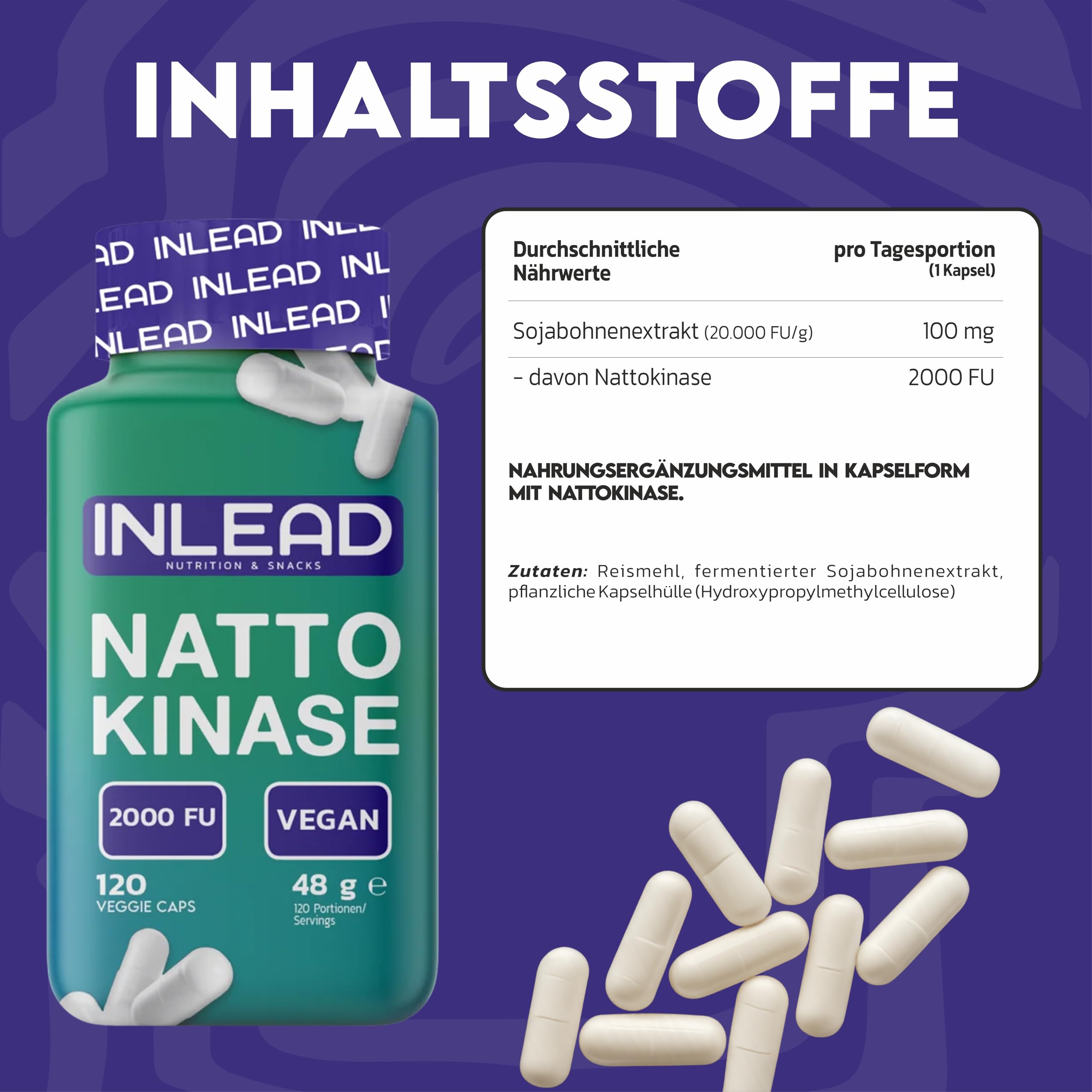INLEAD - Nattokinase Kapseln | Unterstützung für einen optimalen Blutfluss und Kreislauf - 120 Kapseln