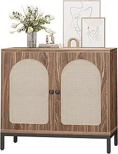 GarveeHome Rattan Sideboard Buffet Cabinet, Kitchen Storage Cabinet with Adjustable Shelf for Living Room, Hallway, Dark Brown