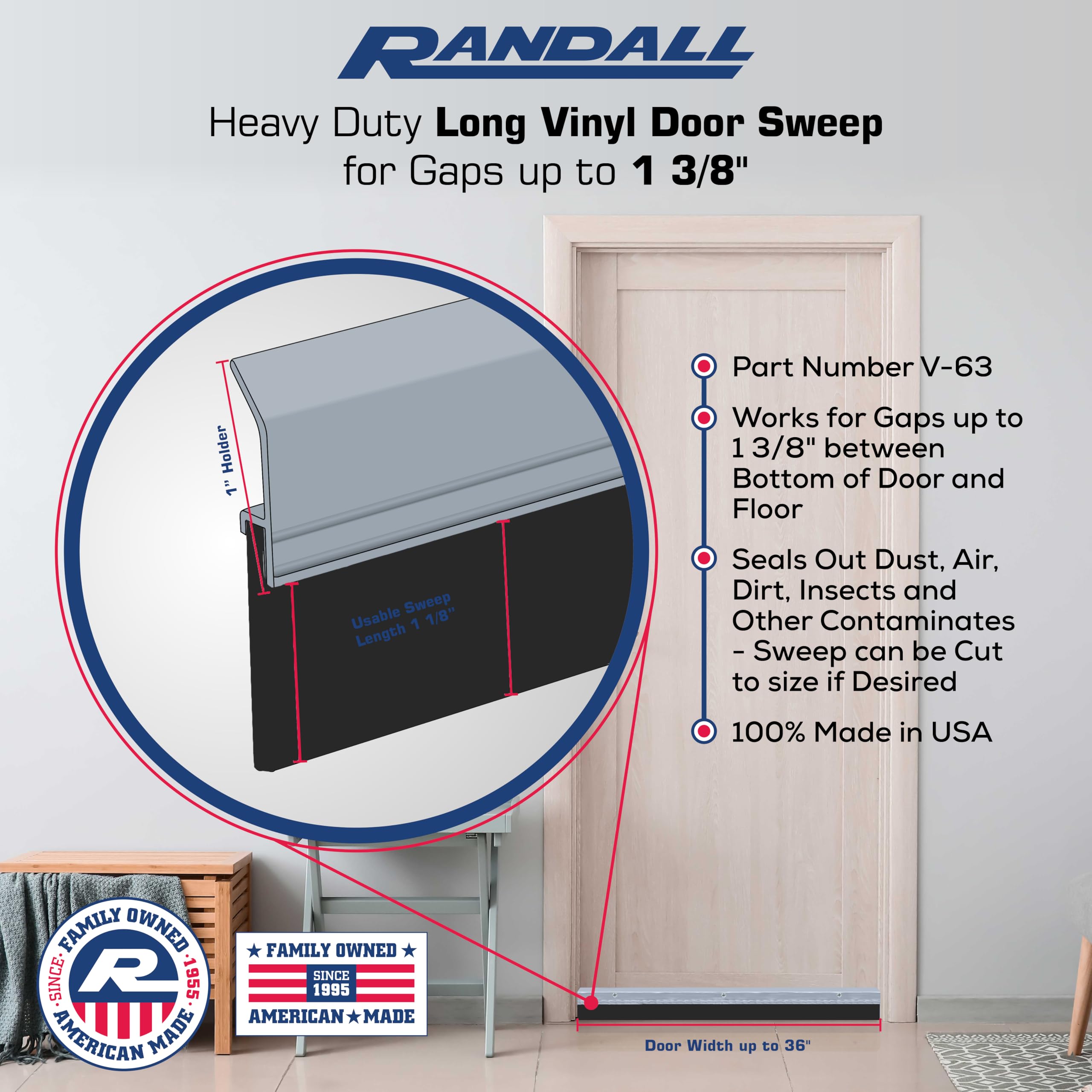 Randall Manufacturing V-63-GB - All-Season Door Sweep, Heavy Duty Aluminum, Ideal for Residential & Commercial Use, Easy Installation with Heavy Rubber Seal, Ensure Comfort and Security (36 Inches)