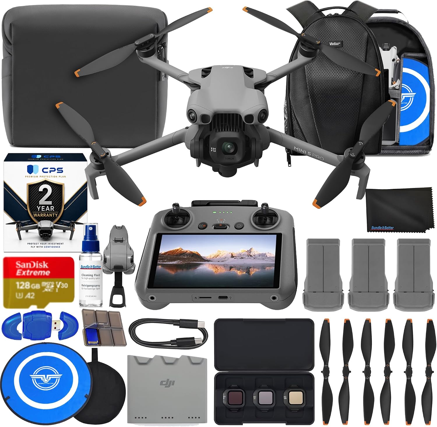 Mini 5 Pro Drone Fly More Combo with RC 2 Controller Folding Drone with 4K Video, 36 Mins Flight Time, 3 Batteries Bundle with 128GB Memory, CPS 2 Year Warranty + Pilot Kit