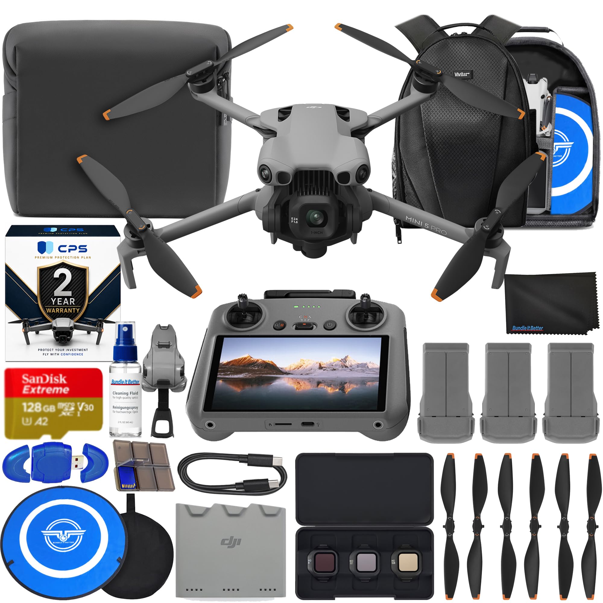 Mini 5 Pro Drone Fly More Combo with RC 2 Controller Folding Drone with 4K Video, 36 Mins Flight Time, 3 Batteries Bundle with 128GB Memory, CPS 2 Year Warranty + Pilot Kit