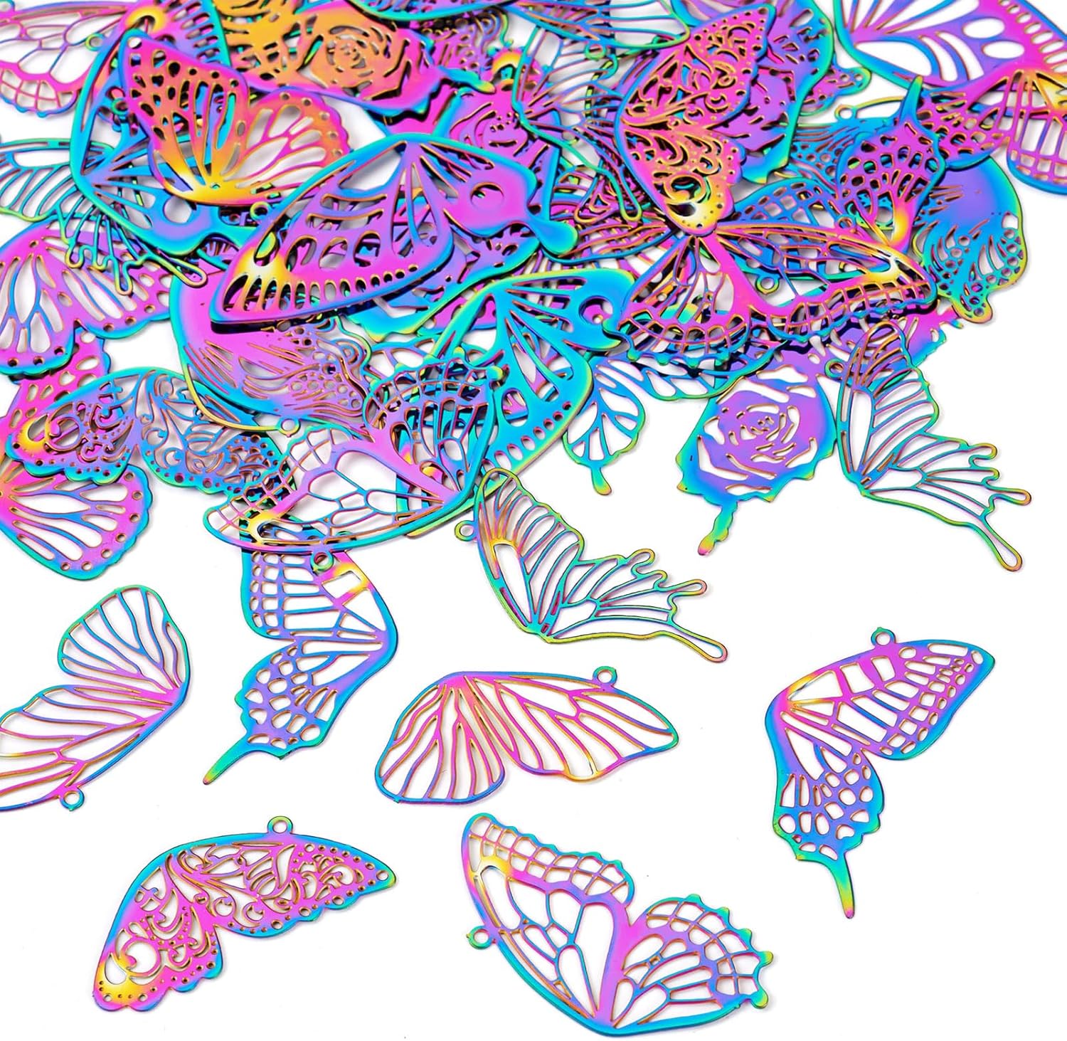 Cheriswelry 40Pcs Butterfly Filigree Charms Etched Metal Embellishments Rainbow Color Stainless Steel Pendant 26.5-41mm for DIY Bracelet Necklace Earring - Image 7
