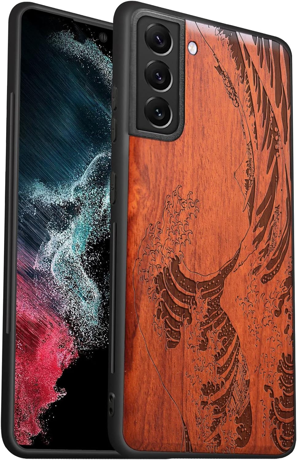 Carveit Wood Case for Galaxy S22 Case [Natural Wood & Black Soft TPU] Shockproof Protective Cover Unique Wooden Design Compatible with Samsung S22 (The Great Wave Off Kanagawa-Rosy)