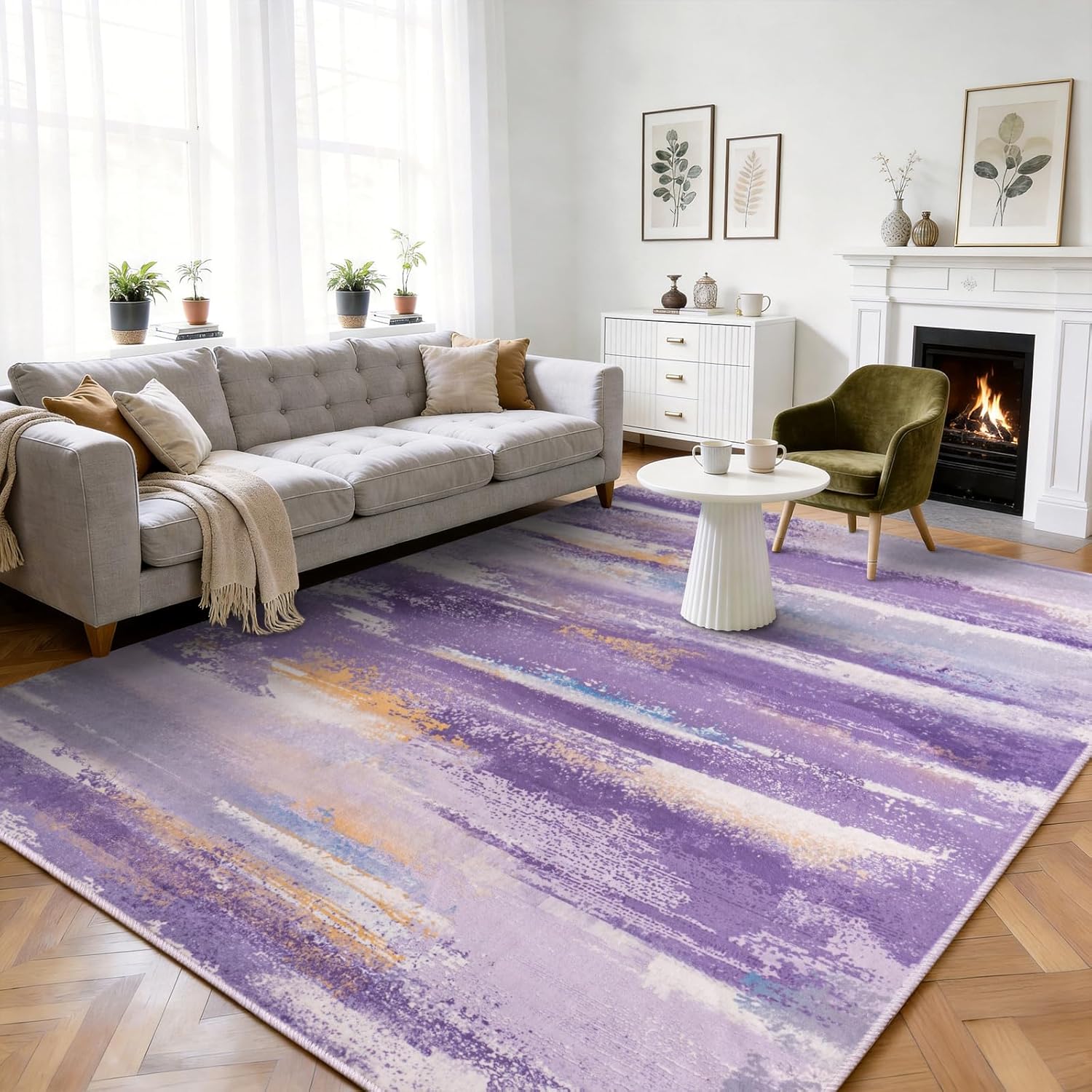 Washable Rugs 8x10 Area Rugs for Living Room: Modern Print Abstract Rug, Non-Slip Rubber Backing for Bedroom Dining Room, Large Carpets for Dorm Kids Girls Room Home Decor Aesthetic, Purple