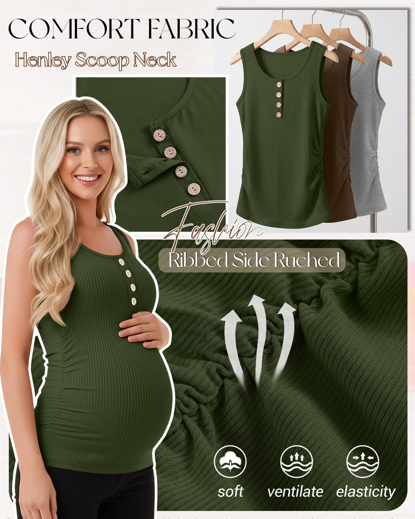 Xuniea Conjunto de 4 Regatas Femininas de Gestante Estilo Henley Em Algodão Com Decote Redondo, Detalhe Franzido Lateral e Sem Mangas