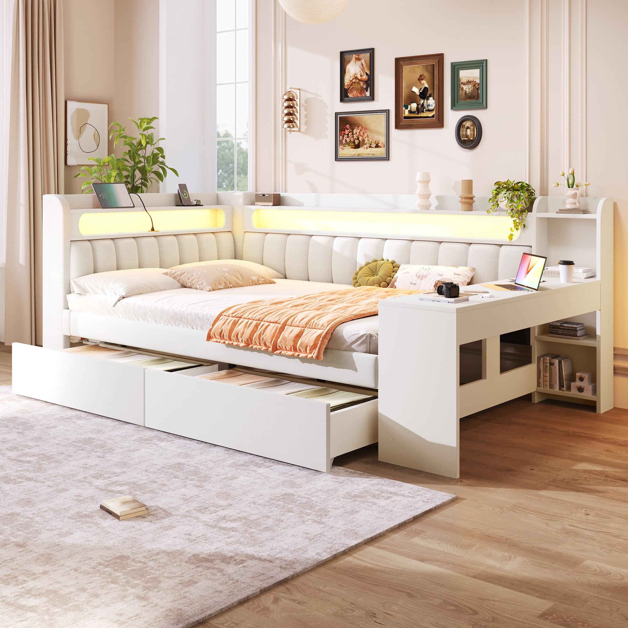 Dolamaní Łóżko młodzieżowe 140 x 200 cm, z USB i LED, łóżko dzienne z biurkiem i wyściełanym zagłówkiem, rama łóżka podwójnego ze stelażem, łóżko dziecięce z miejscem do przechowywania, bez materaca