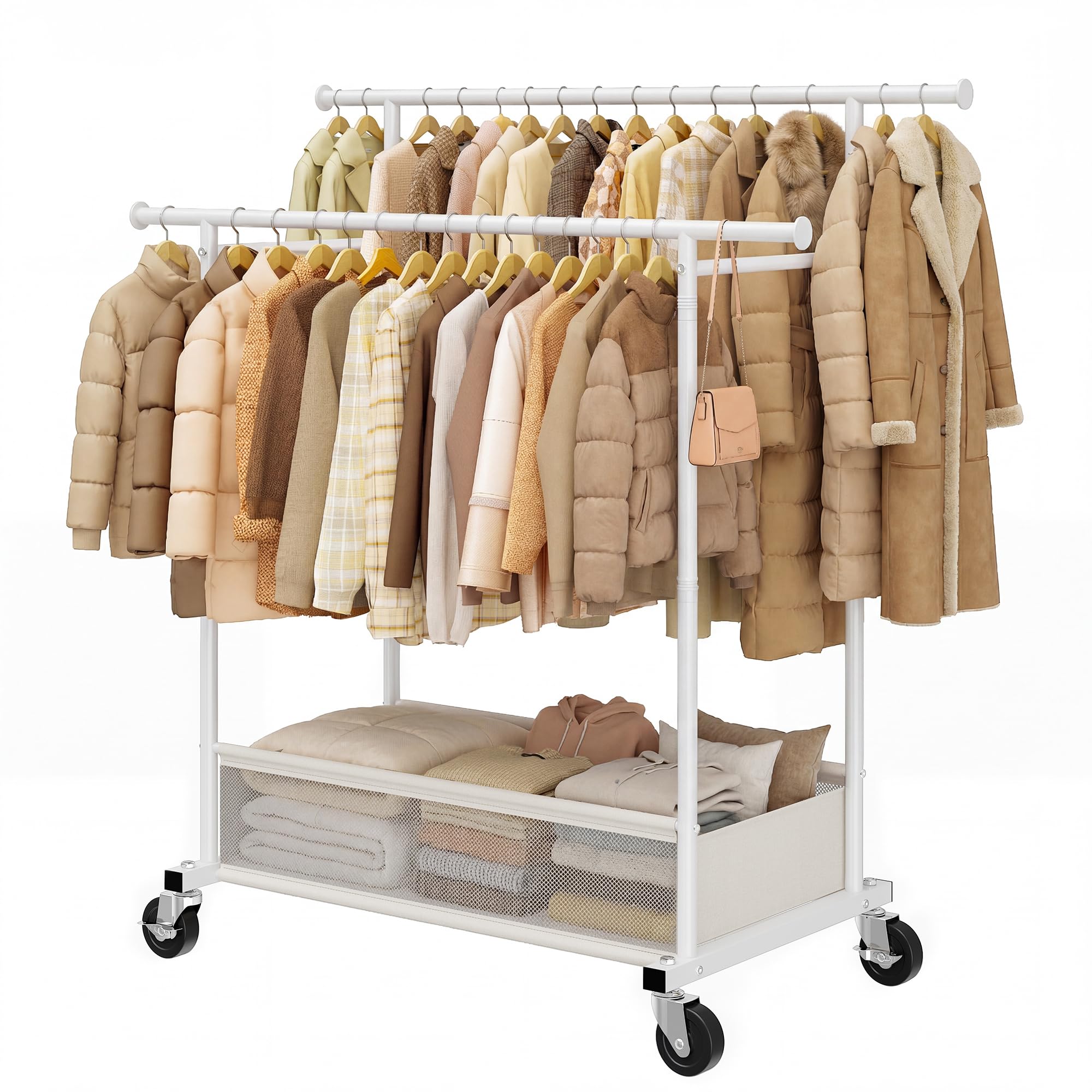 110cm Doppio Stand Appendiabiti con Ruote, Portata massima 110KG Metallo Stand Appendiabiti con 48L Traspirante Cesto Portabiancheria, per Giacche, Maglioni, Scarpe, Camera da letto, Bianco