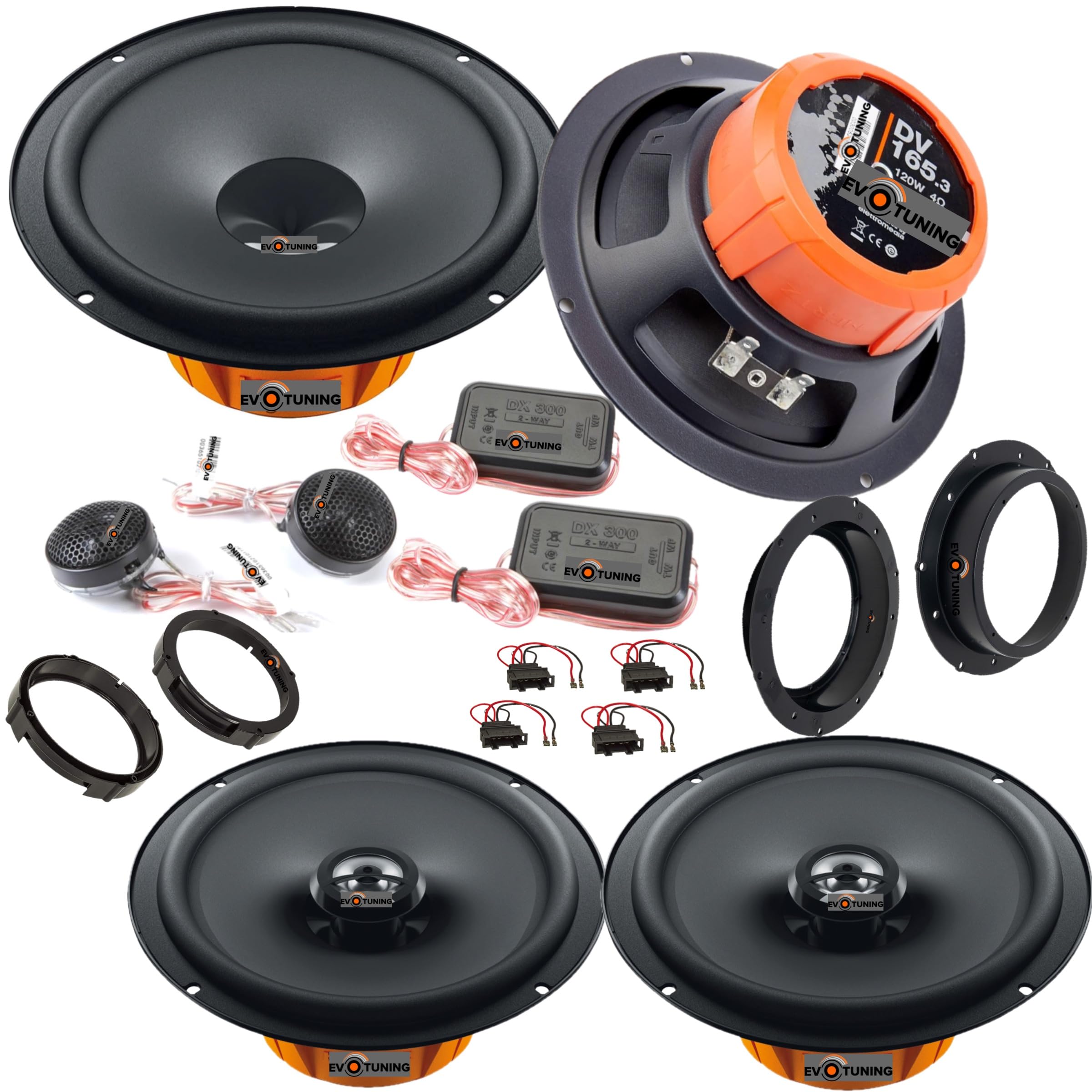 Kit 6 Casse Altoparlanti per VW Golf V dal 2003 al 2008 Anteriori e Posteriori compatibile con Hertz DSK165.3+DCX165.3 Set 2 Woofer 2 Tweeter 2 Coassiali 4 Anelli 4 Cavi (No Plug and Play)