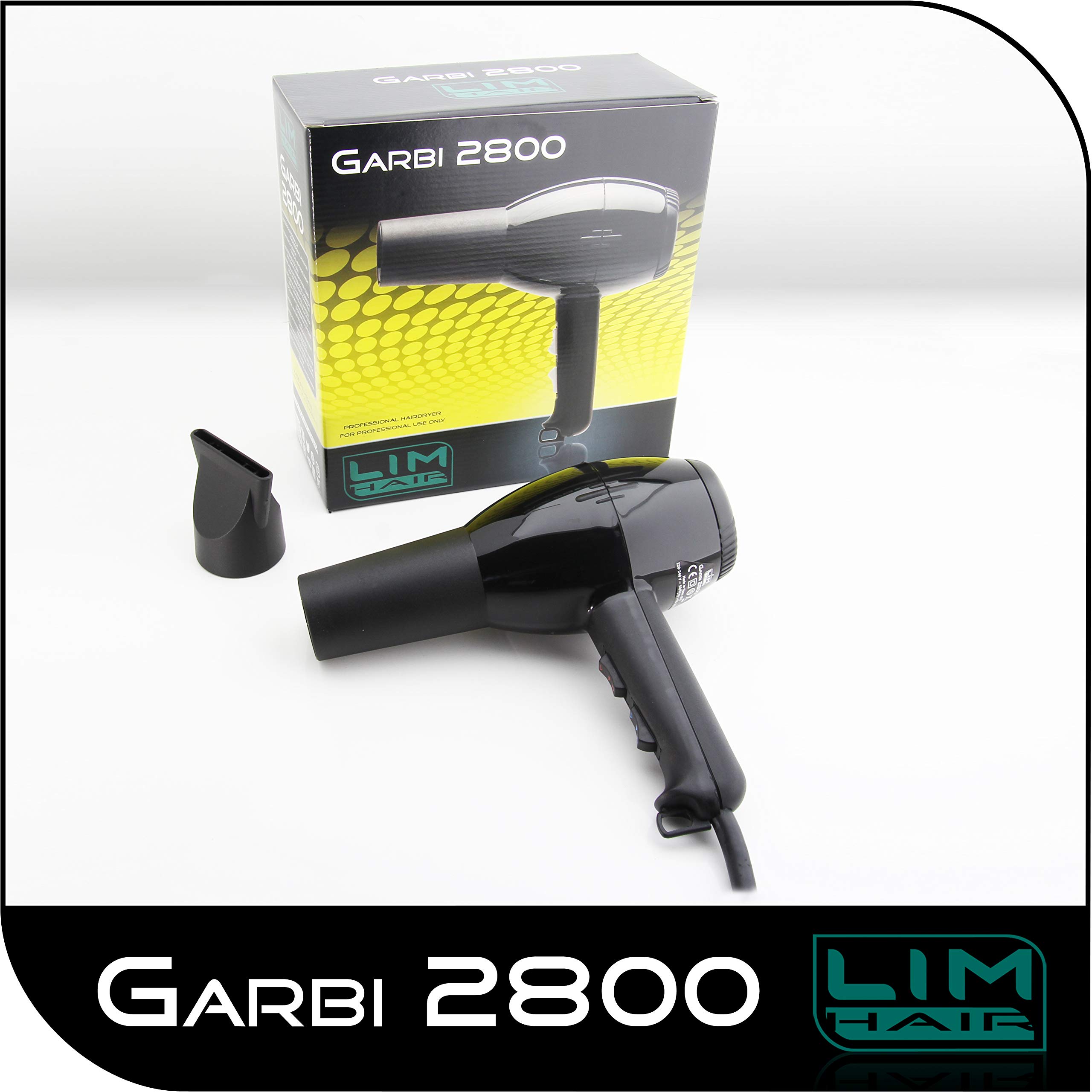 Secador de cabello LIM HAIR GARBI 2800. Made in Spain. 1850 W. Profesional para salón peluquería. Desde 1994 en el mercado, remodelado y adaptado. Mango reducidas dimensiones. (NEGRO)