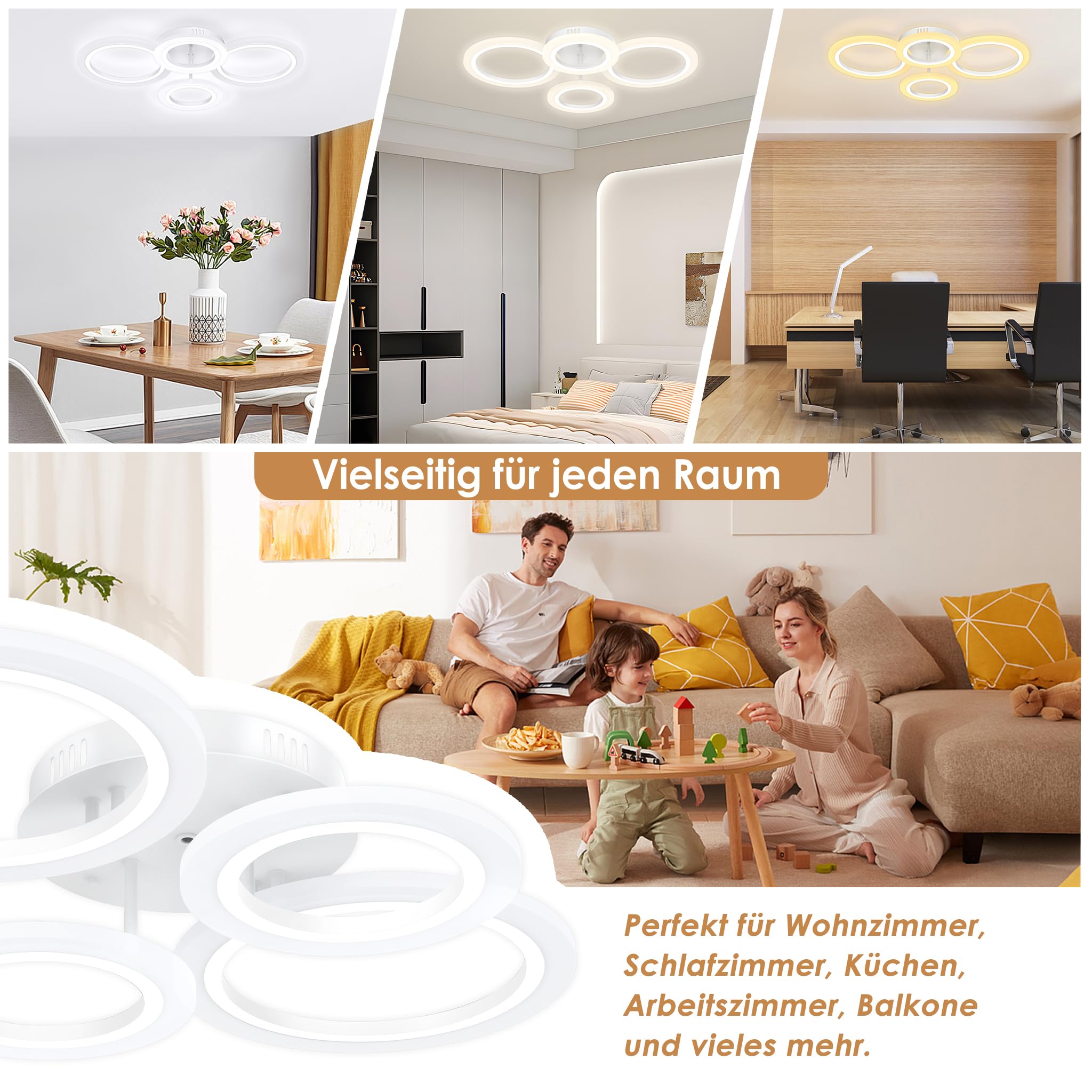 LZQ Runde LED Deckenlampe 60W Dimmbar, 2+2 Ringe Deckenleuchte mit Fernbedienung, 3 Farbtemperaturen, Modern IP44 LED-Deckenbeleuchtung für Wohnzimmer Schlafzimmer Flur Küche