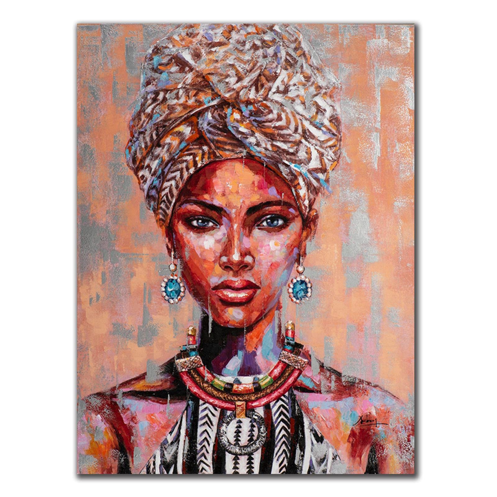 Guying Art With Frame Orange Brown Tones Beauty African Woman With Turban Canvas Painting Posters Prints Wall Art Picture For Living Room Decor 80X120cm(31X47in)