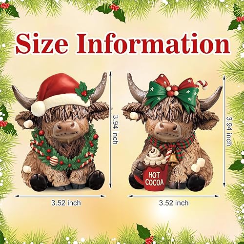 Miniatura 3 de Karenhi 2 figuras de vaca de las tierras altas, gnomos de vaca de las tierras altas, estatua de resina escocesa, regalos para Navidad, hogar,