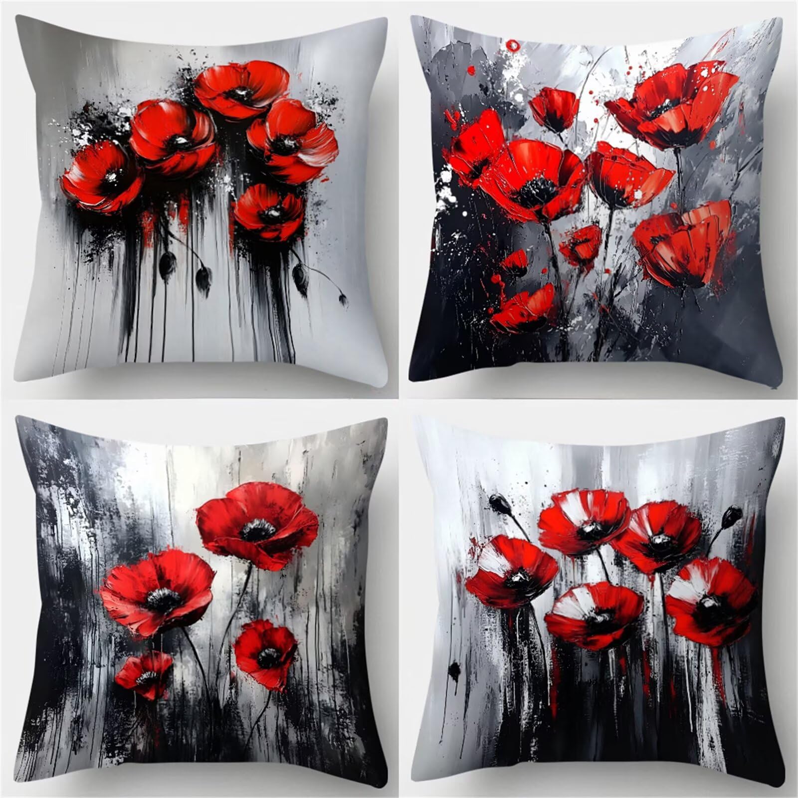 Fundas de Cojines 50x50 cm, Juego de 4 Fundas para Cojines Decorativas de Lino, Amapolas Rojas Abstractas, Fundas de Almohada para Sofá, Silla y Decoración de Interiores