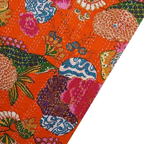 Miniatura 5 de Sophia-Art Colcha reversible de frutas indias para cama individualking con patrón Gudri de algodón puro estilo Kantha, colcha decorativa con