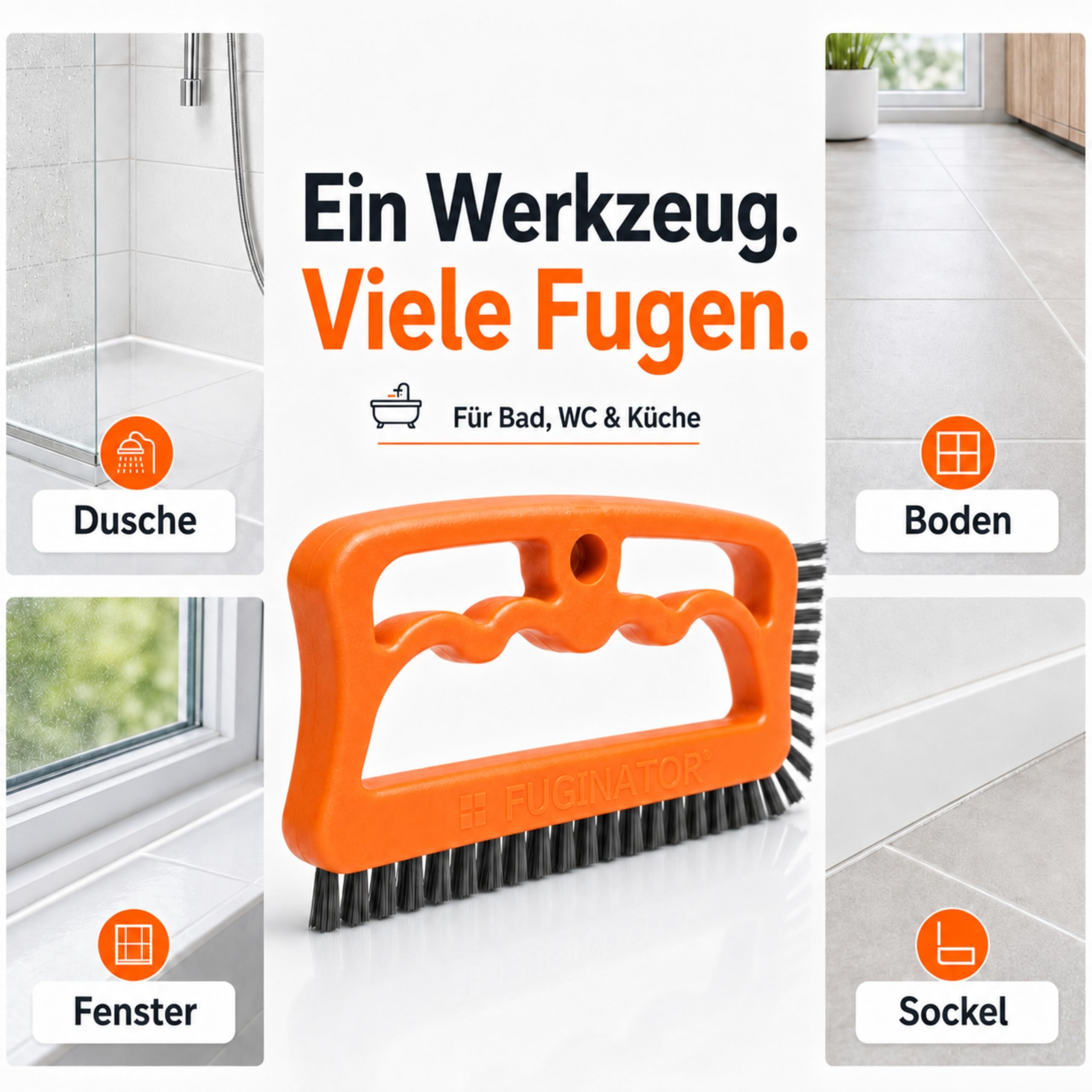 FUGINATOR® Szczotka do fug, szczotka do czyszczenia fug w łazience, toalecie, kuchni itp. - Czyszczenie płytek ściennych i podłogowych - praktyczna szczotka do fug i