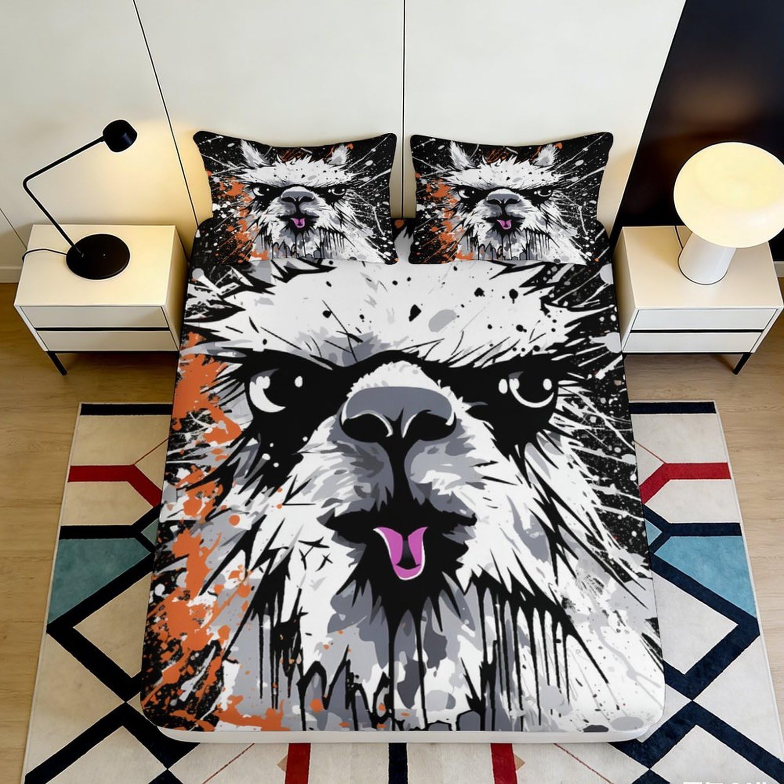 3D Printed Graffiti Alpaca Fitted Sheet Microfiber Soft Breathable Abstract Art Bed Cover for Bedroom Dormitory Guest Room Mattress Protection 180x200x25cm