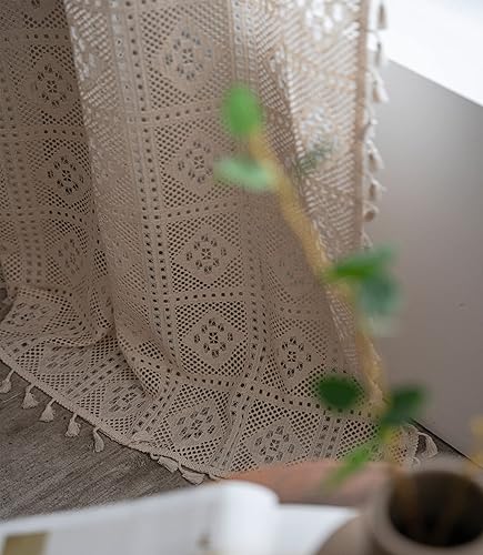Miniatura 4 de Cortinas de ganchillo con diseño de enrejado de diamante, de punto hueco, de encaje, con bolsillo para barra, cortinas bohemias de algodón con