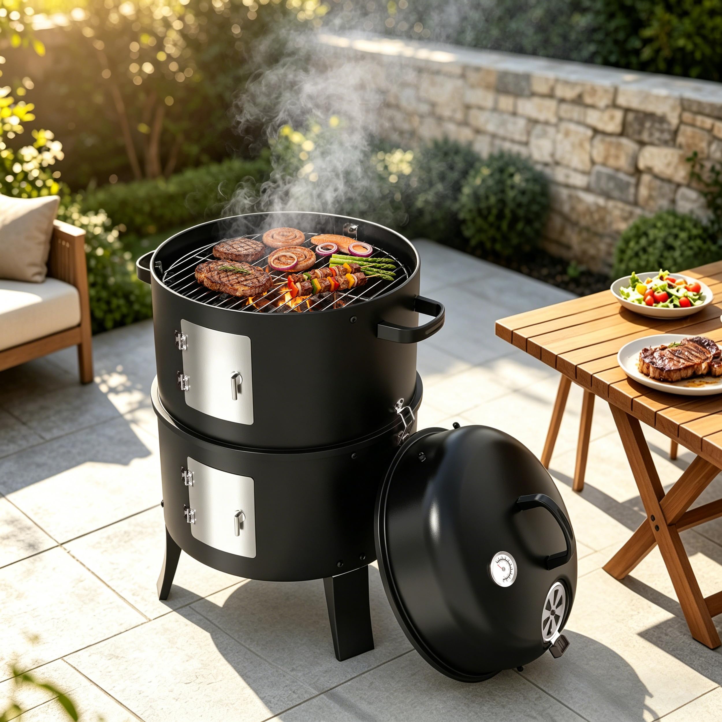 KEYO GRILL Tragbarer Räucherofen - 342 Quadratzoll, Robuster 3-in-1-Holzkohlegrill mit 2 Edelstahlrosten & Eingebautem Thermometer, Campinggrill für Garten, Schuppen, Terrasse