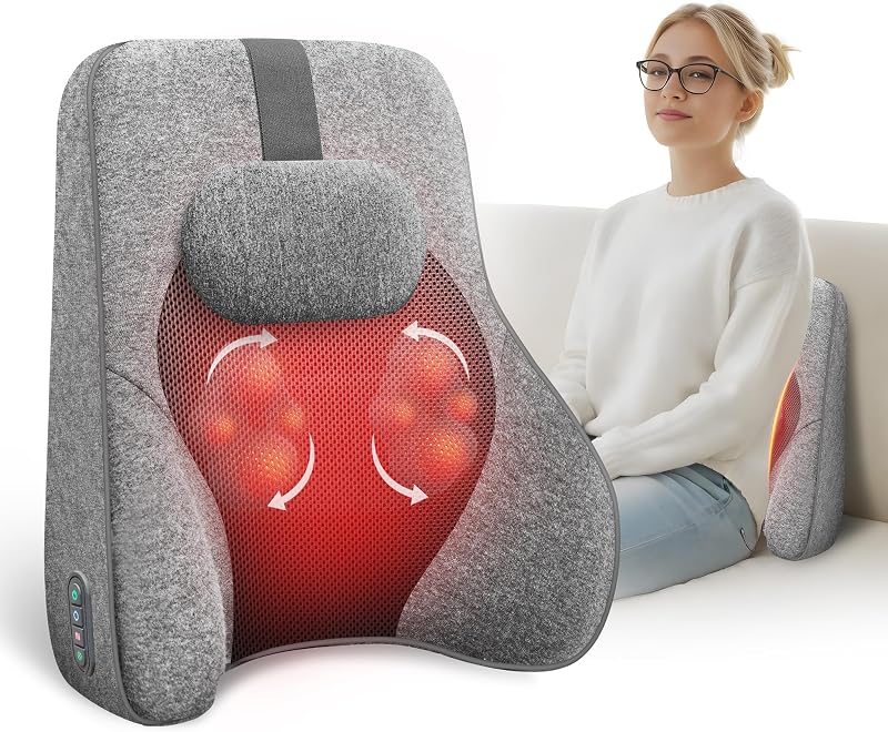 COMFIER Almohada de apoyo lumbar para silla de oficina con 4 cabezales de masaje Shiatsu y calor, soporte de espalda de espuma viscoelástica para silla de juegos de computadora - gris oscuro