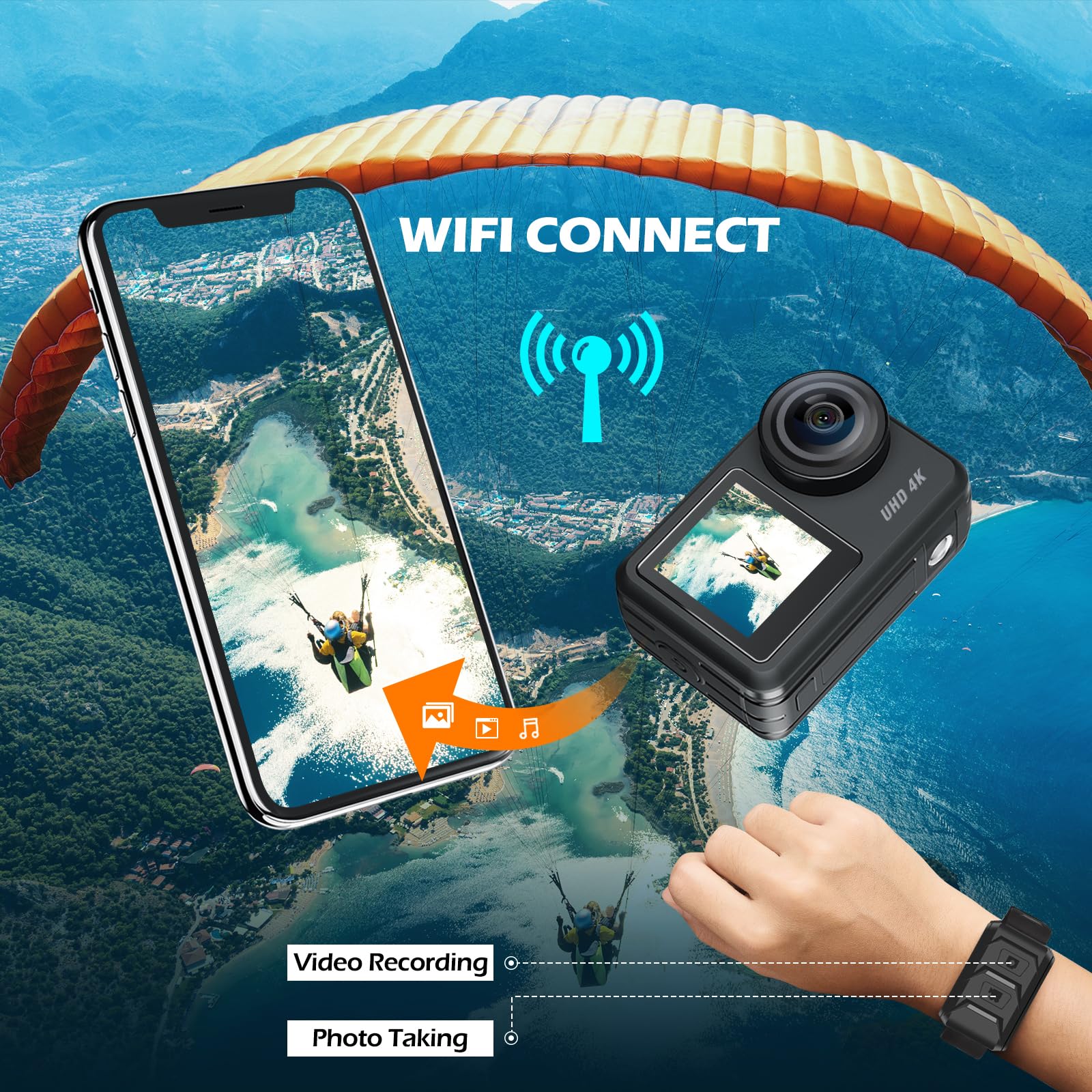 Action Kamera 4K, 170° Weitwinkel WLAN Dual Screen Unterwasserkamera mit Fernbedienung, 2 Akkus, EIS & Helmzubehör Kit wasserdichte Kamera, Action Cam 4K zum Schnorcheln, Vlogging, Sporttauchen