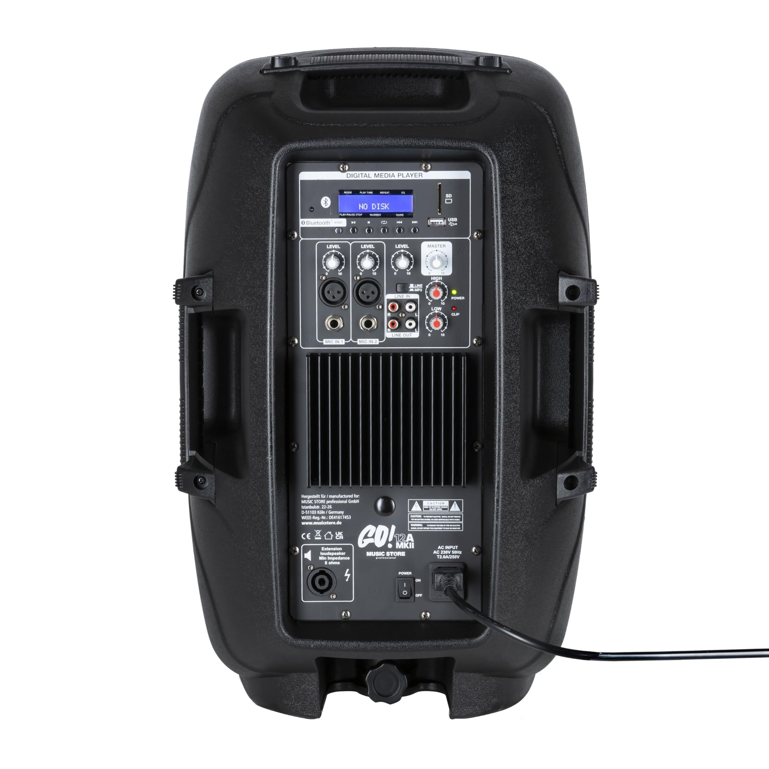 MUSIC STORE GO! 12A MKII Aktiver 2-Wege 12 Zoll Lautsprecher - 600W Peak Leistung, Integrierter Media Player, Bluetooth, USB & SD-Karten Slots, 3-Kanal Mixer, 2 XLR/Klinke Mikrofoneingänge, Stereo