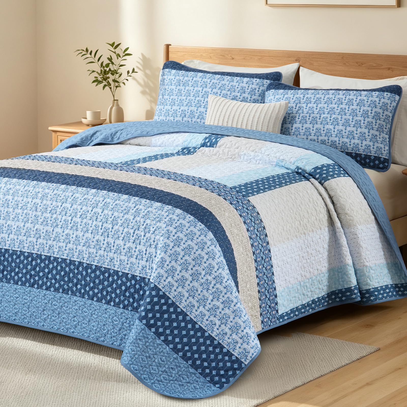 WONGS BEDDING Queen Size Quilt Set, Boho Striped Bedspread, Navy Blue