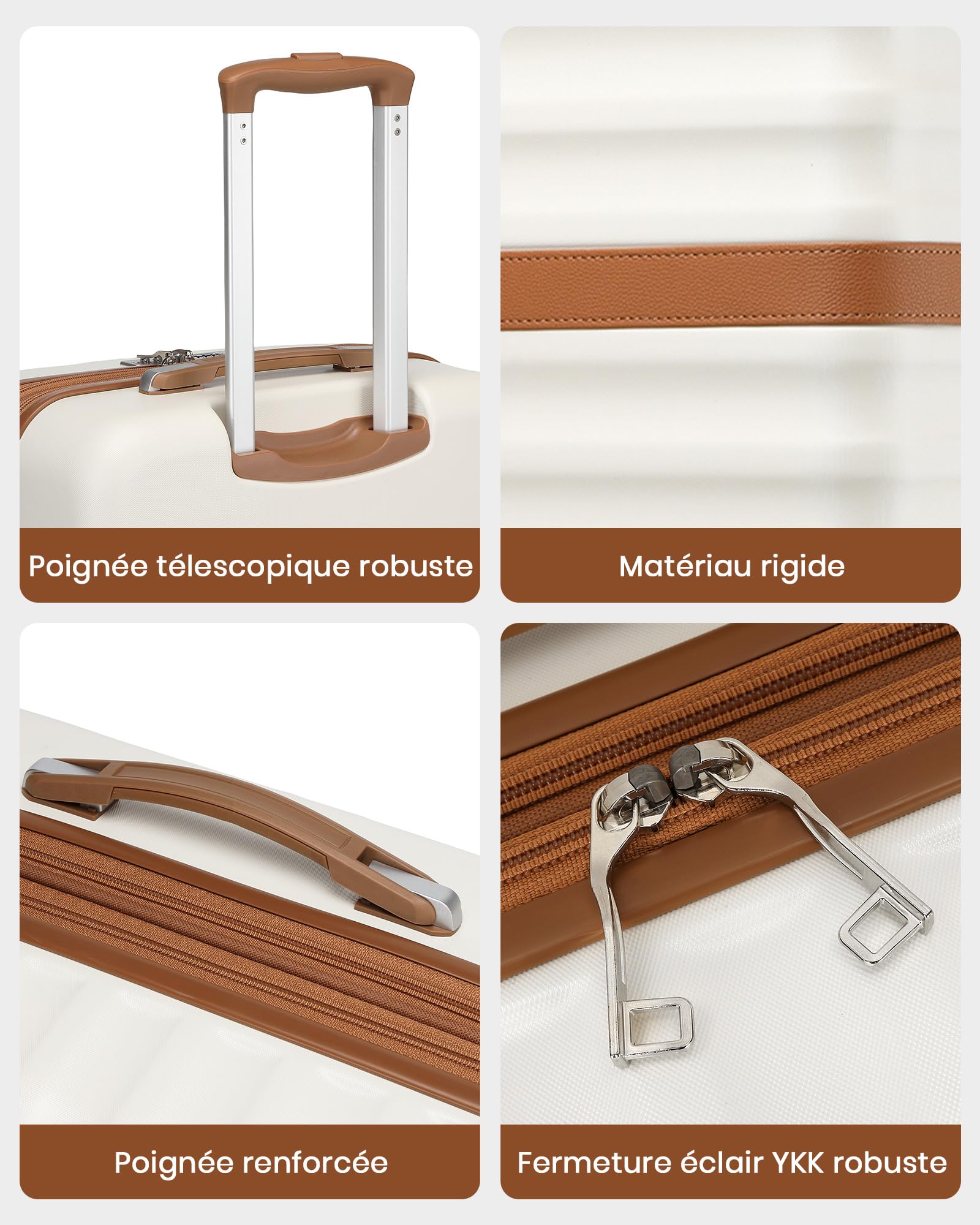 Kono Set de 3 Valises d'une Valise Grande Taille 75cm Extensible à Roues Silencieuses et Serrure TSA, Un Sac de Voyage à Poche Imperméable et Sangle pour Valise, et Une Trousse de Toilette (Crème)