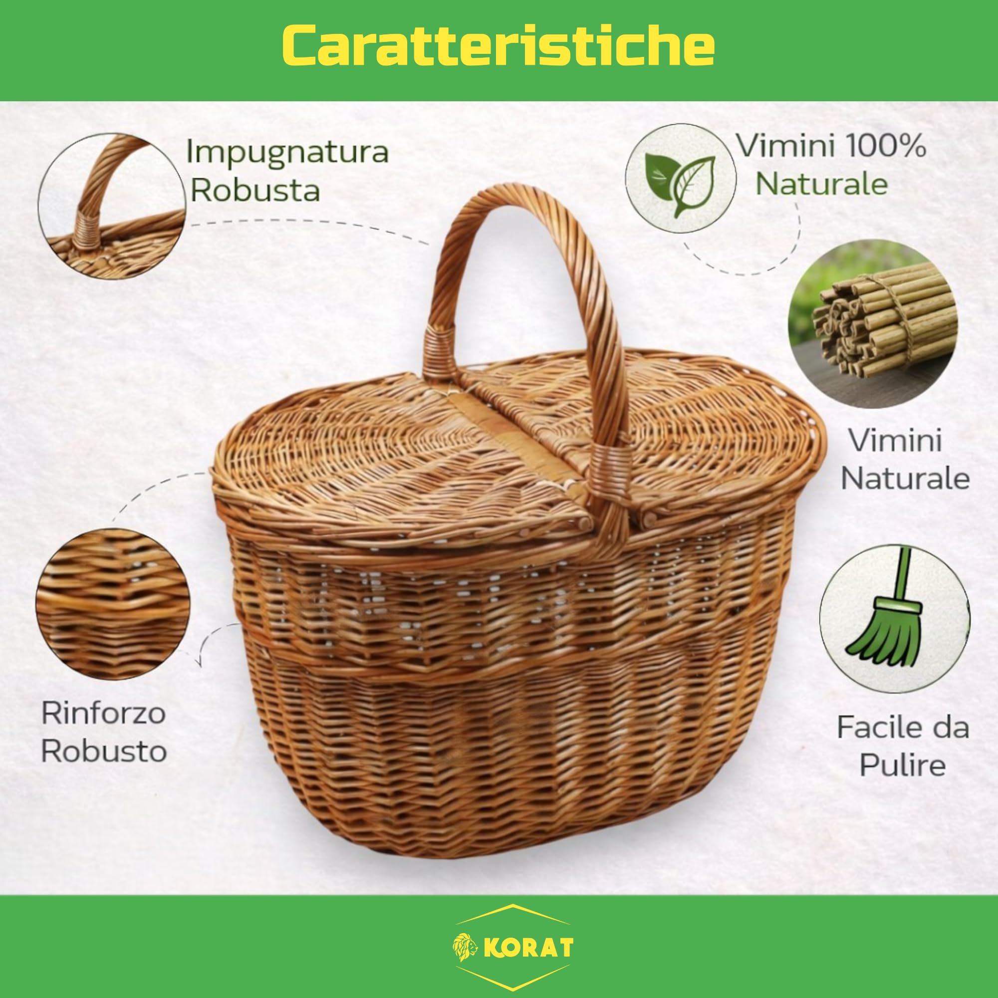 KORAT - Cestino Picnic in Vimini con Coperchio Doppio Apribile, Cesto Porta Funghi e Picnic, Manico Robusto, Vimini Naturale, 40x32x37 cm