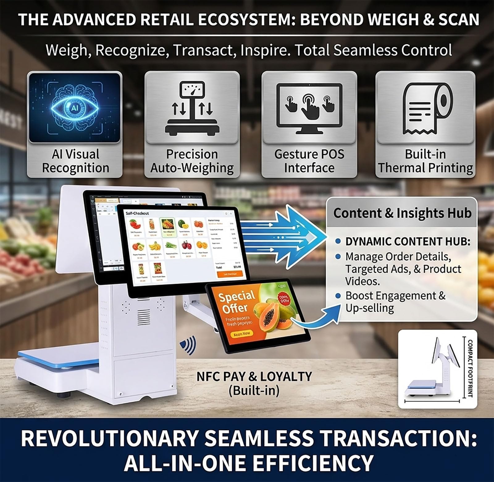 WEIMILOR Solución Retail Inteligente IA: Balanza Caja con Reconocimiento Visual, Pesaje Automático e Impresora de Tickets para Tiendas de Alimentación Modernas y Eficientes