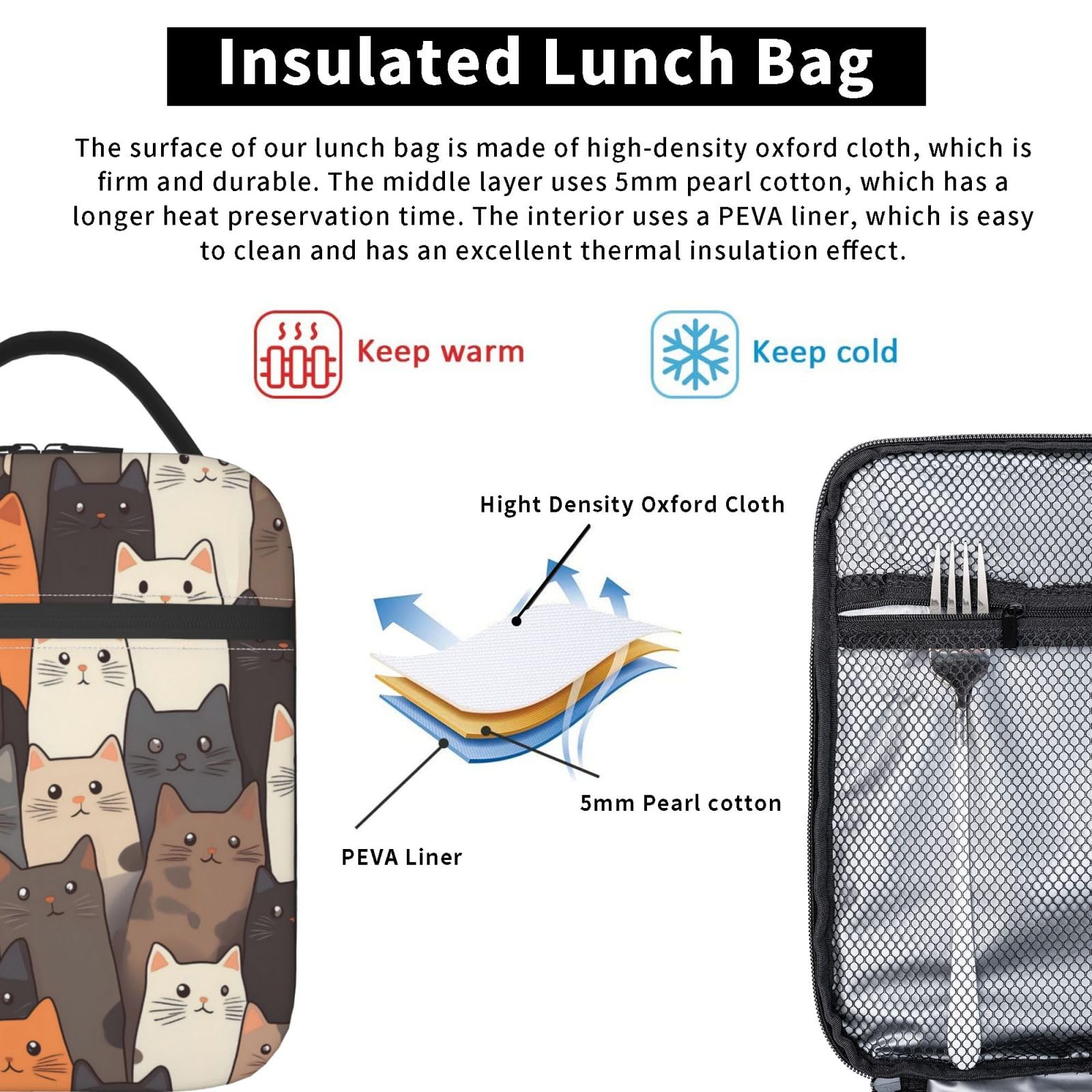Cfpolar Borsa Termica Per Pranzo Con Zampa Di Gatto – Leggera E Isolata, Per Ragazze E Donne, Ideale Per Scuola, Lavoro E Picnic (24,9x17x22,6 Cm)