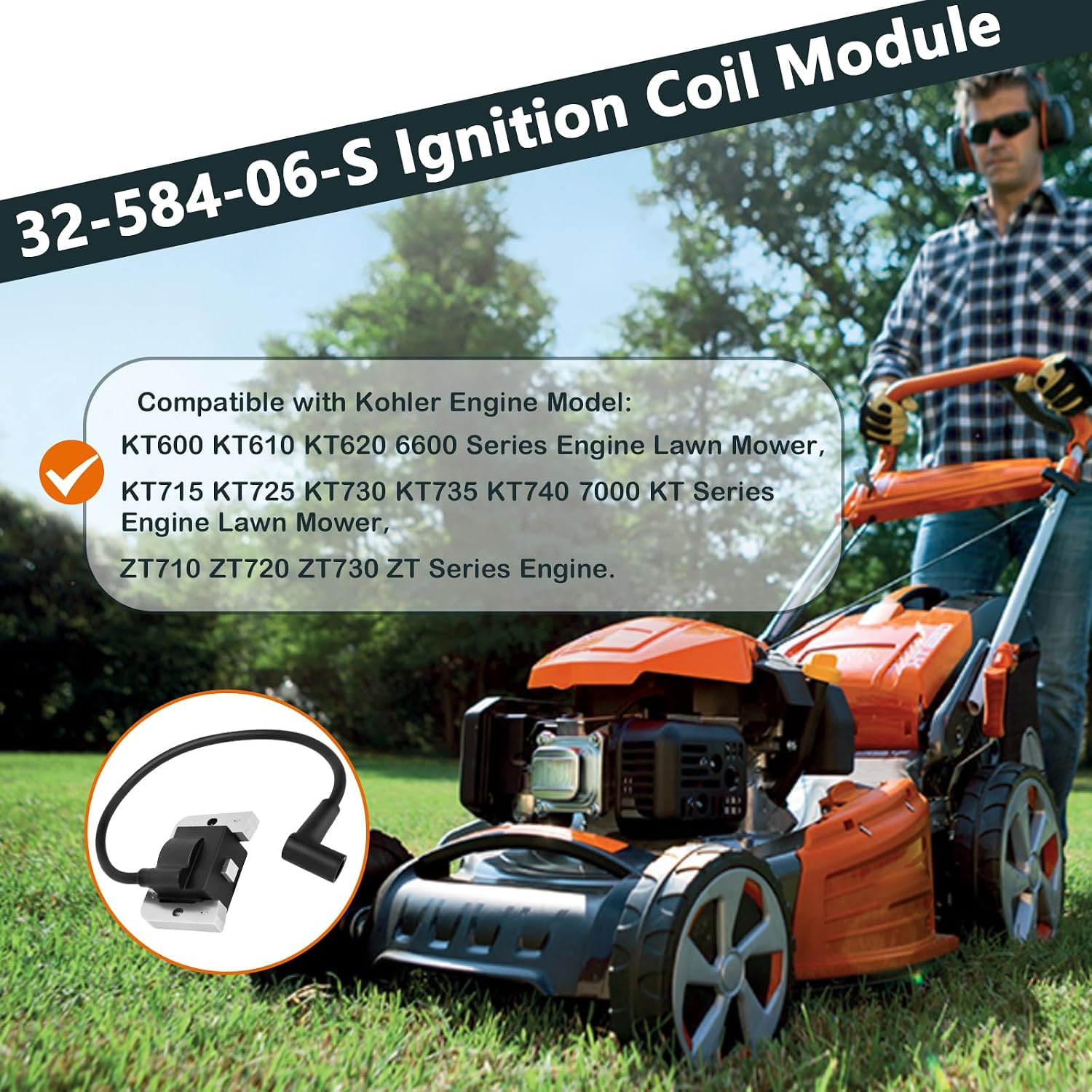 2 Pack 32-584-06-S Ignition Coil Module for Kohler KT600 KT610 KT715 KT725 KT730 KT735 KT740 ZT710 ZT720 ZT730 7000 Series Lawn Mower Engine with Spark Plug,Replaces 3258406-S 3258406 32 584 06 S