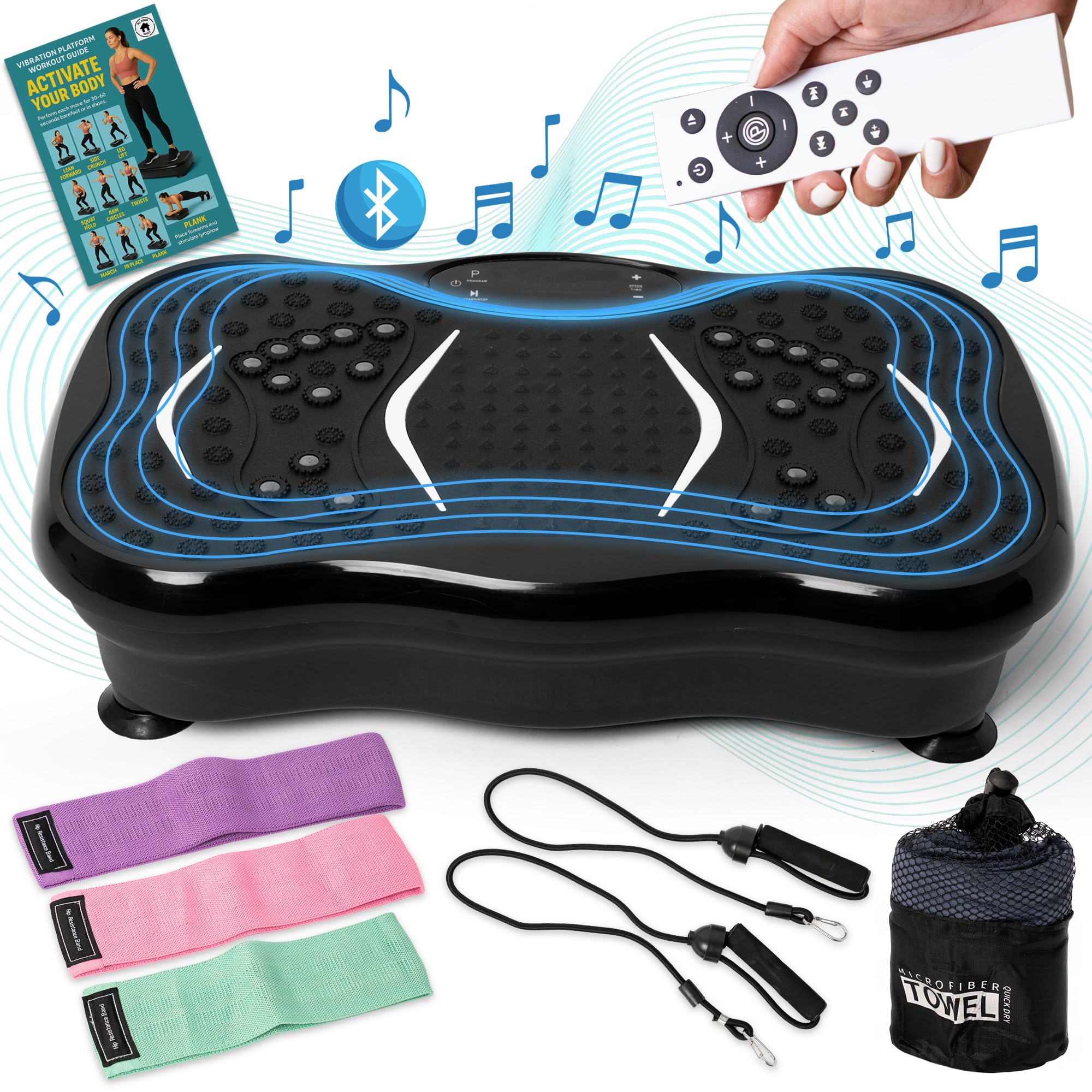 Plataforma vibratoria - Plataforma vibración Muscular - Vibration Plate - Plataforma vibración Adelgazar - Vibrating Plate con Sonido inalámbrico Bluetooh + Bandas elásticas , Manual y Toalla