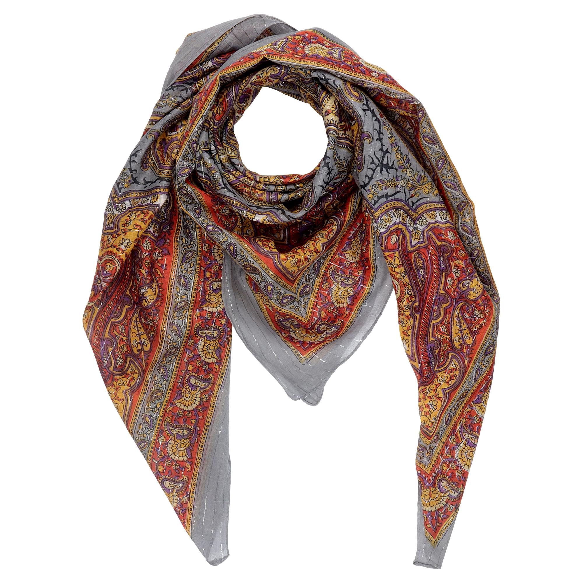 Freak Scene Multicolored Cotton Scarf Indian Flowers Leafs Pattern06 Grey Lurex Silver Square Cloth