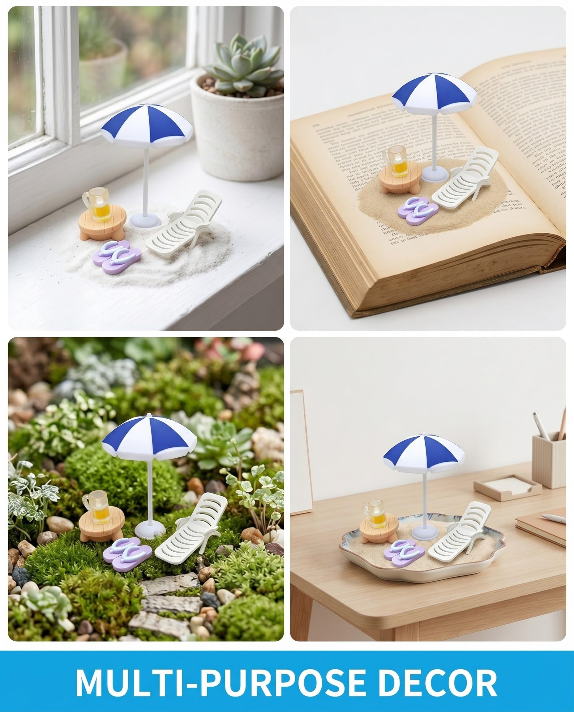 Miniatur Strand Deko Set 5-teilig inkl. Liegestühle, Sonnenschirm – Perfekt für Puppenhaus, Feengarten & Micro Landschaft. Schafft lebensechte Urlaubsatmosphäre.