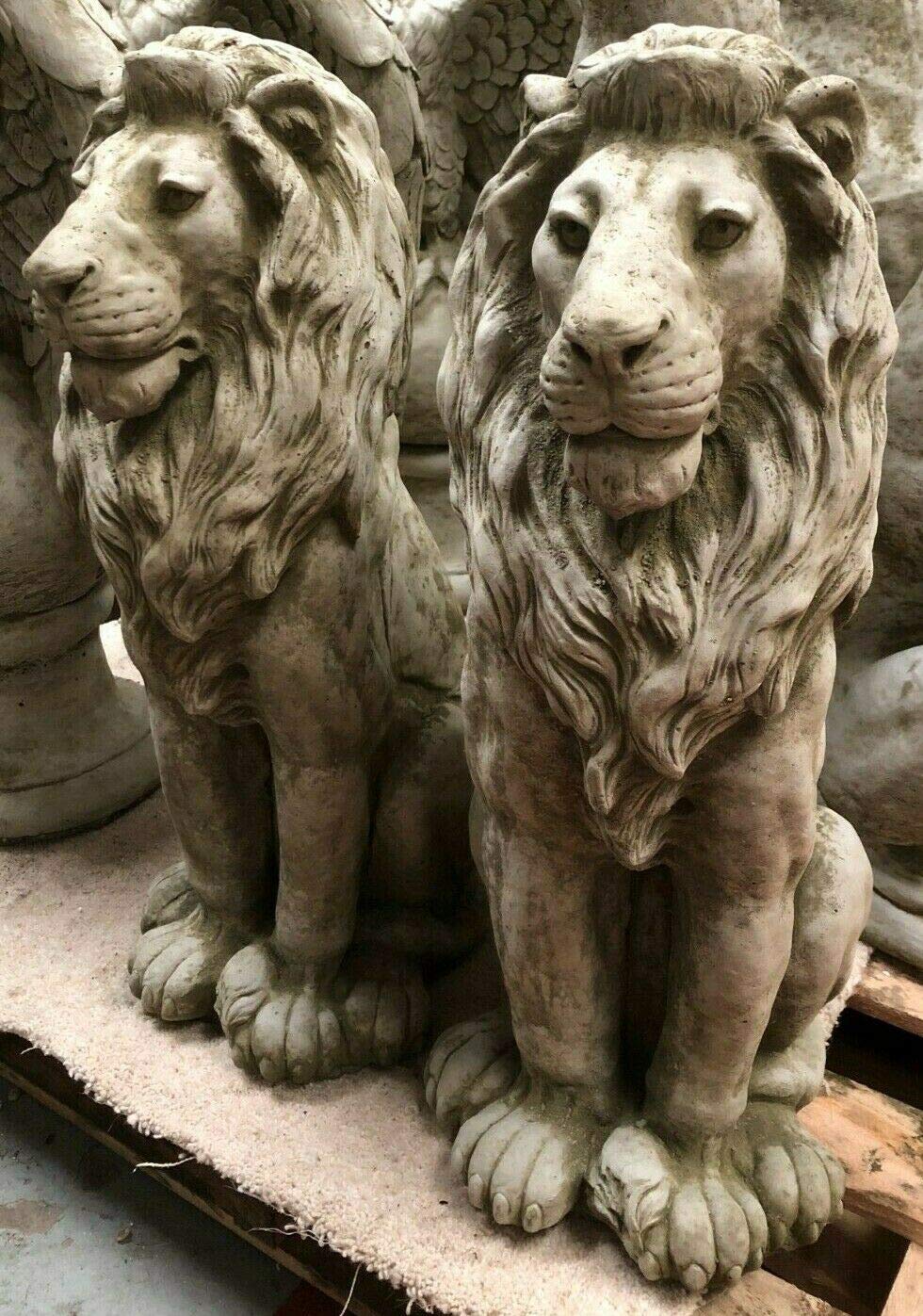 Burgess Home & Garden Grey Pair Regal Lion Statues | Reconstituted Stone Animal Concrete Garden Ornament
