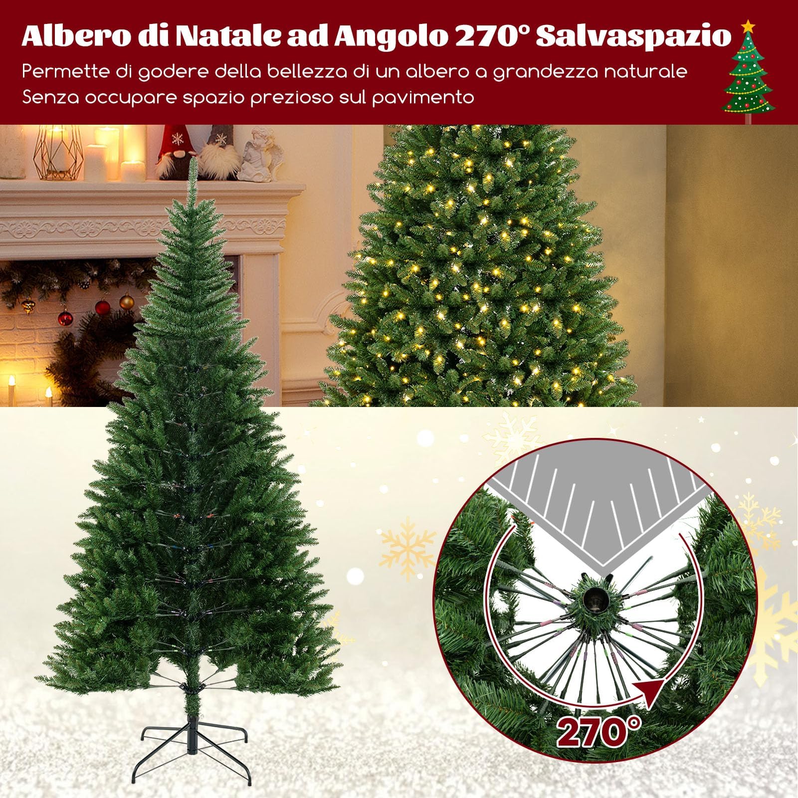 RELAX4LIFE Albero di Natale 240cm, Mezzo Albero da Parete con 360 Luci LED Incorporate, Albero di Natale Angolare da Muro, Decorazione Natalizia per Casa