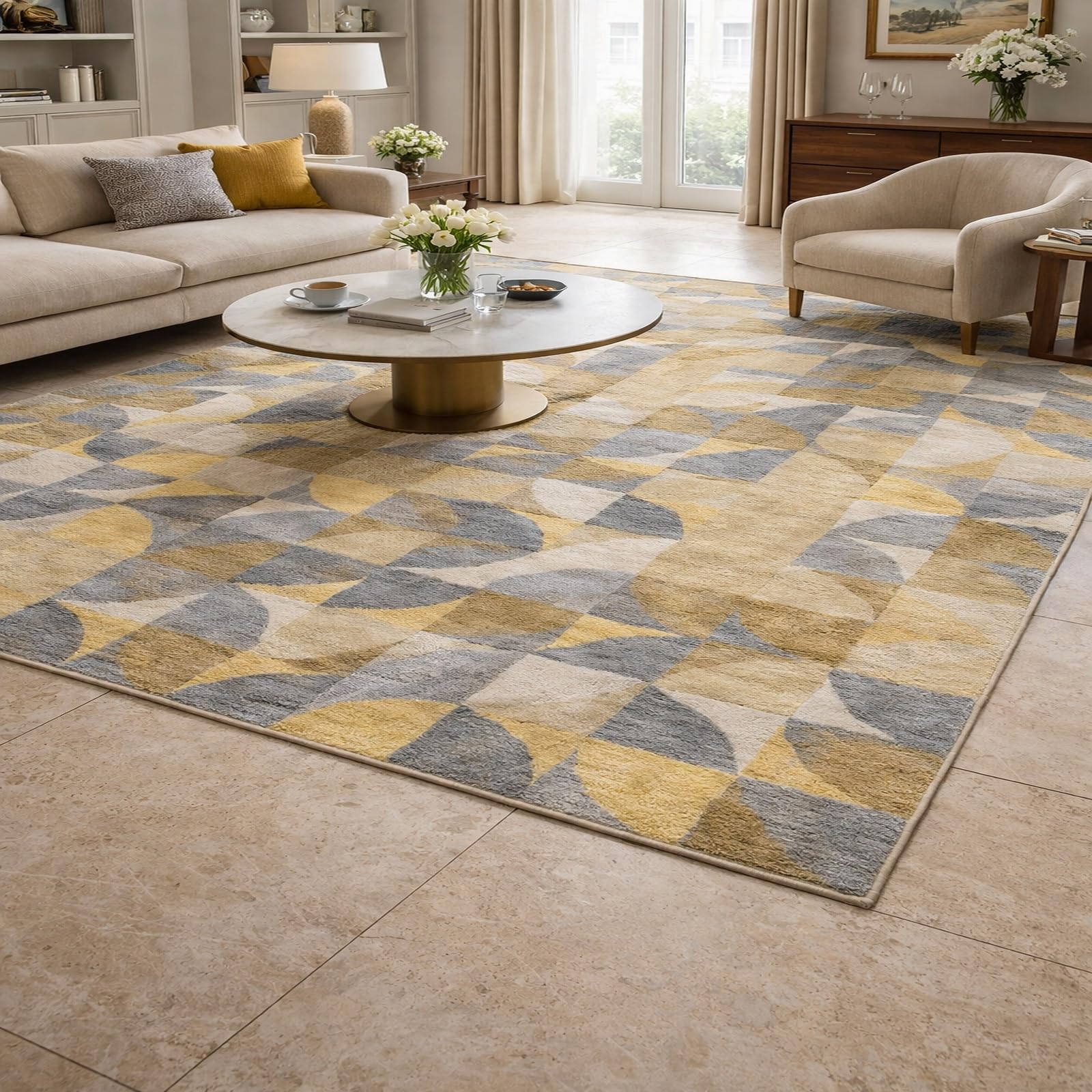 Tapis salon géométrique jaune gris beige 200x280 tapis poils courts séjour