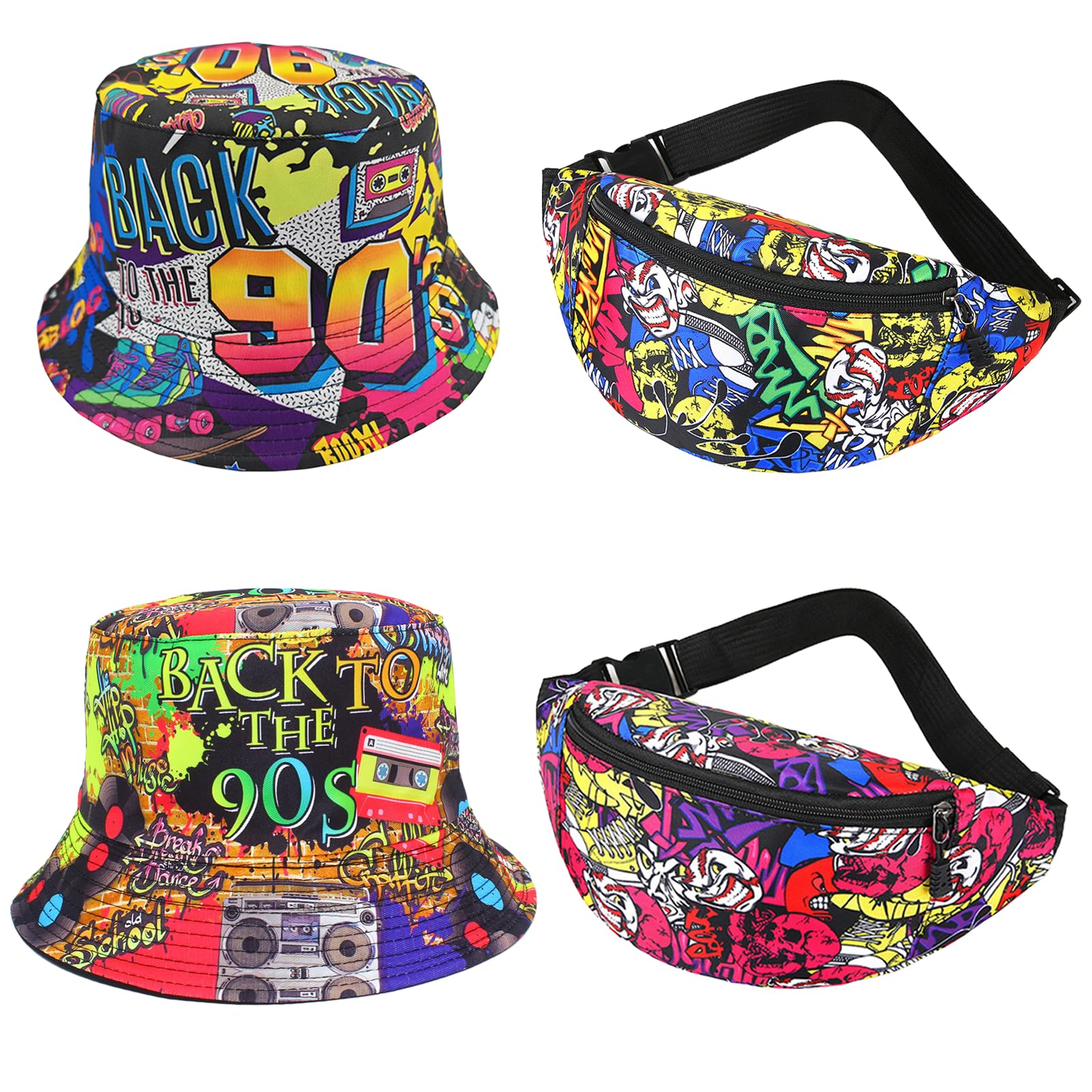Xerteam 90s Fancy Dress Hip Hop Reversible Bucket Hats + 90s Graffiti Bags, Rock Disco Fisherman Sun Hat for Women Men, Fashionable Retro 80s 90s Fancy Dress Accessories for Beach Hip hop Rave Party