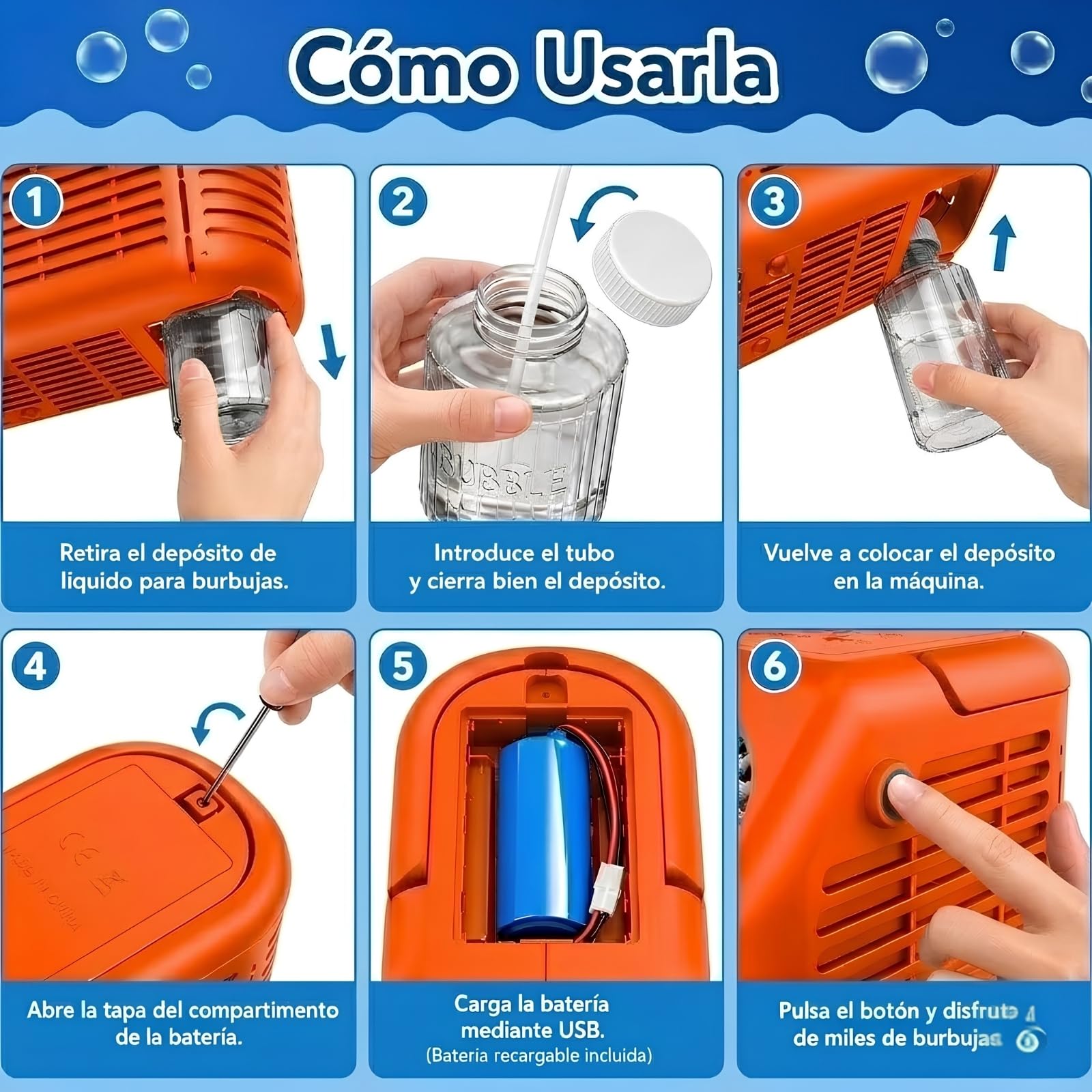 Máquina de Burbujas de Escenario Portátil de 42 Orificios, Soplador Automático Recargable por USB con Luces LED, para Niños, Cumpleaños, Fiestas, Jardín, Exterior y Celebraciones (Naranja)