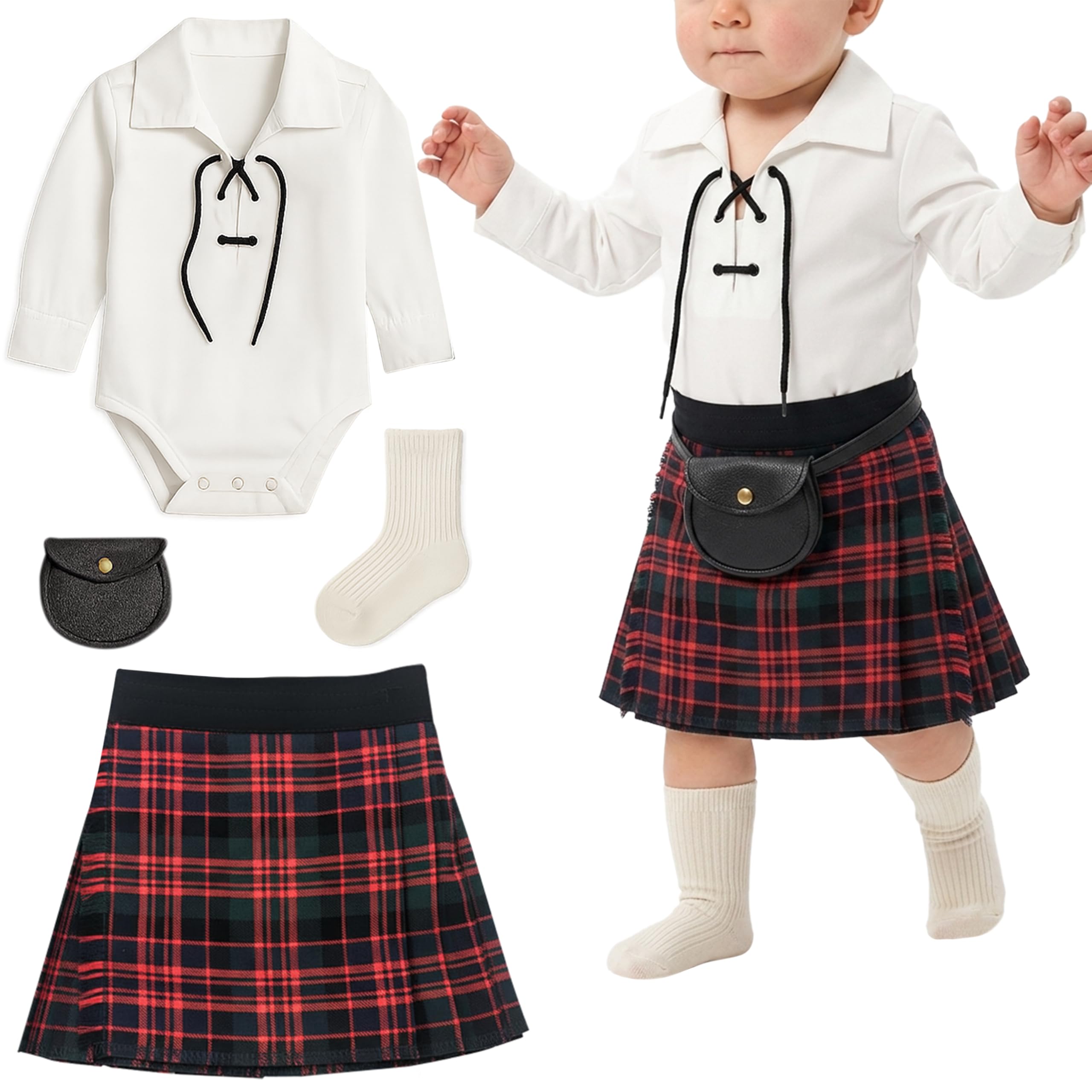 BRAW CLANS TARTANS Baby Kilt Outfit for 12-24 Months, Ghillie Shirt, Sporran & kilt hose - Traditional Scottish MacDonald Tartan Gift for baby