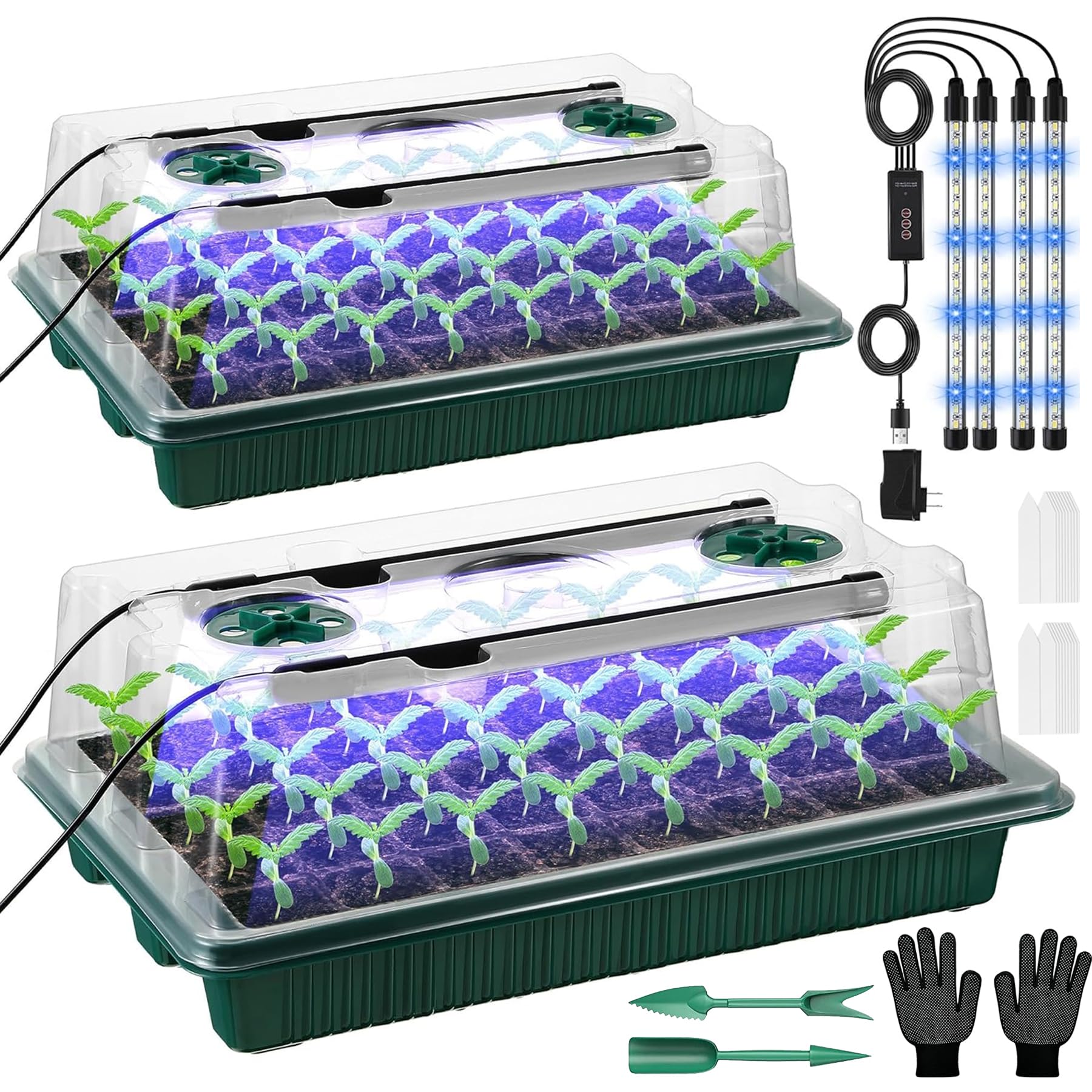 VEEKAY Bandejas de Semilleros,2 Piezas 80 Células Invernadero Bandejas,con Luces para Plantas,Bandejas de Semilleros de Germinacion,con Luminosidad Regulable y Regulador De Tiempo,Humedad Ajustable