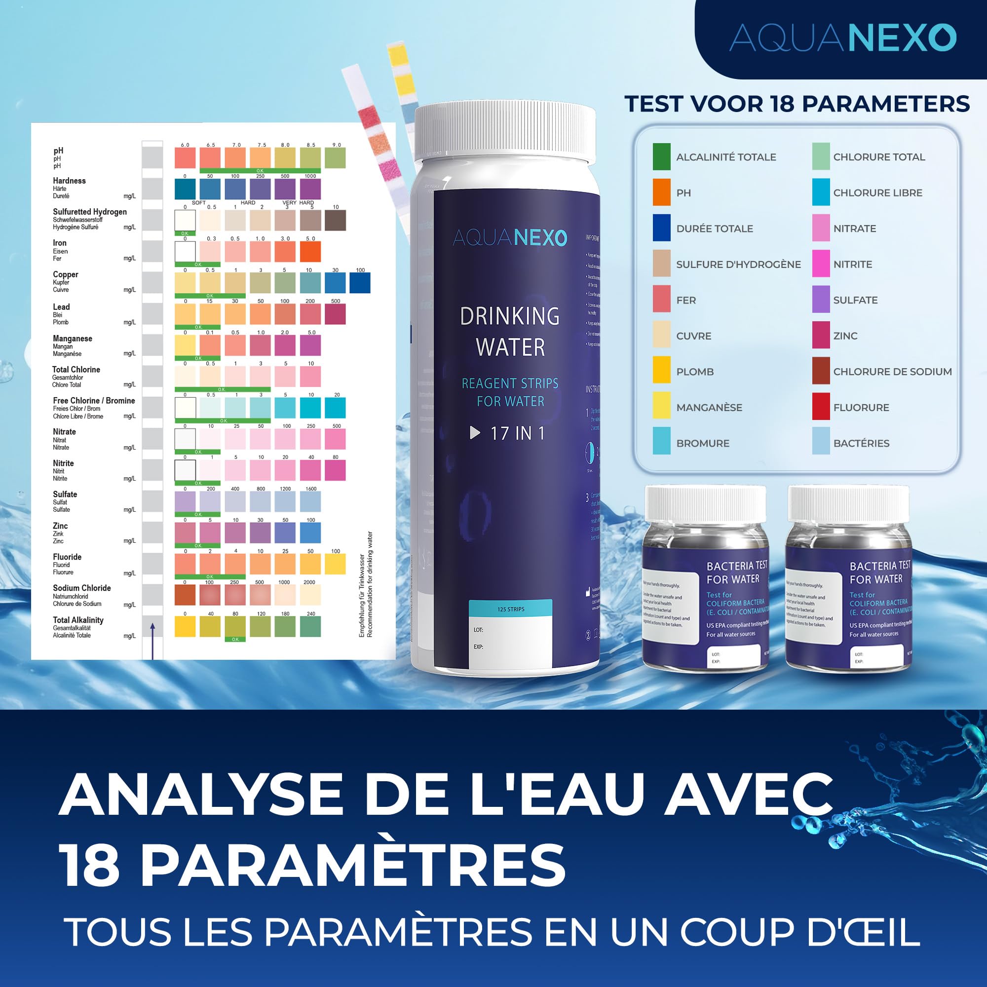 18 paramètres, 125 bandelettes de test pour eau potable (5x25)+ 2x test de bactéries coliformes, bandelettes de test pH, testeur d'eau potable, dureté de l'eau, test d'eau potable